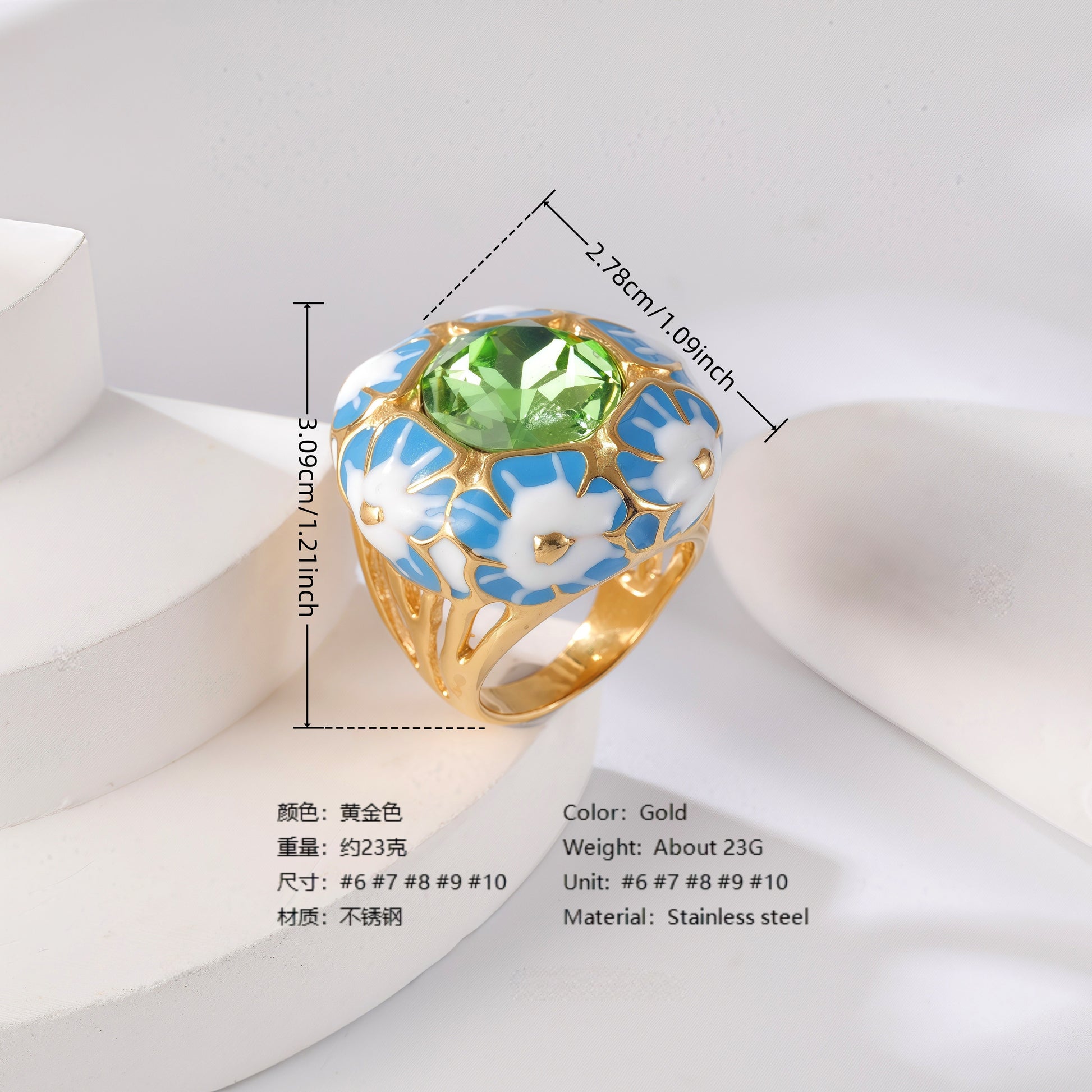 24K Gold PVD Stainless Steel Titanium Gemstone Floral Women's Ring