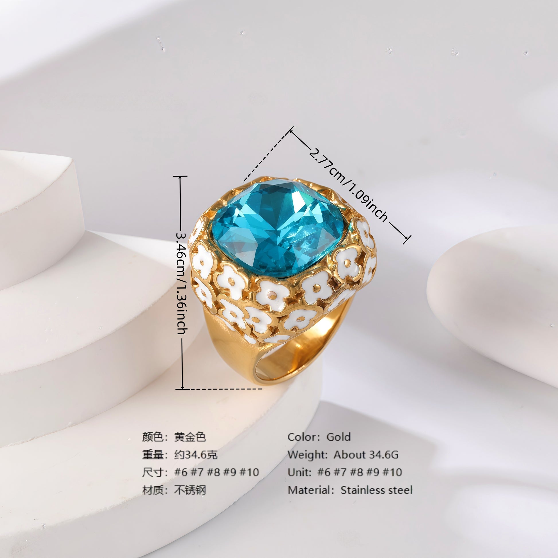 24K Gold PVD Stainless Steel Titanium Gemstone Floral Women's Ring