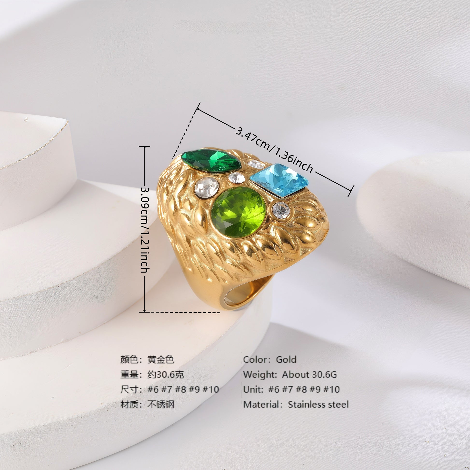 24K Gold PVD Stainless Steel Titanium Gemstone Floral Women's Ring