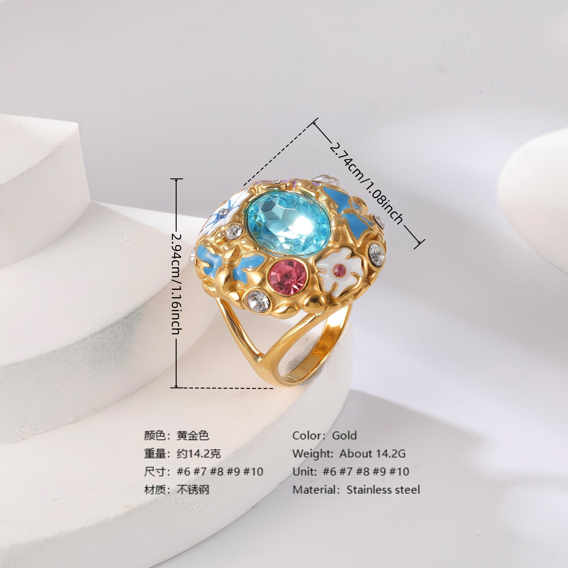 24K Gold PVD Stainless Steel Titanium Gemstone Floral Women's Ring
