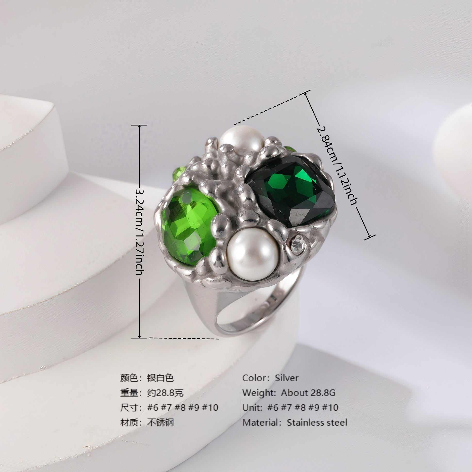 24K Gold PVD Stainless Steel Titanium Gemstone Floral Women's Ring