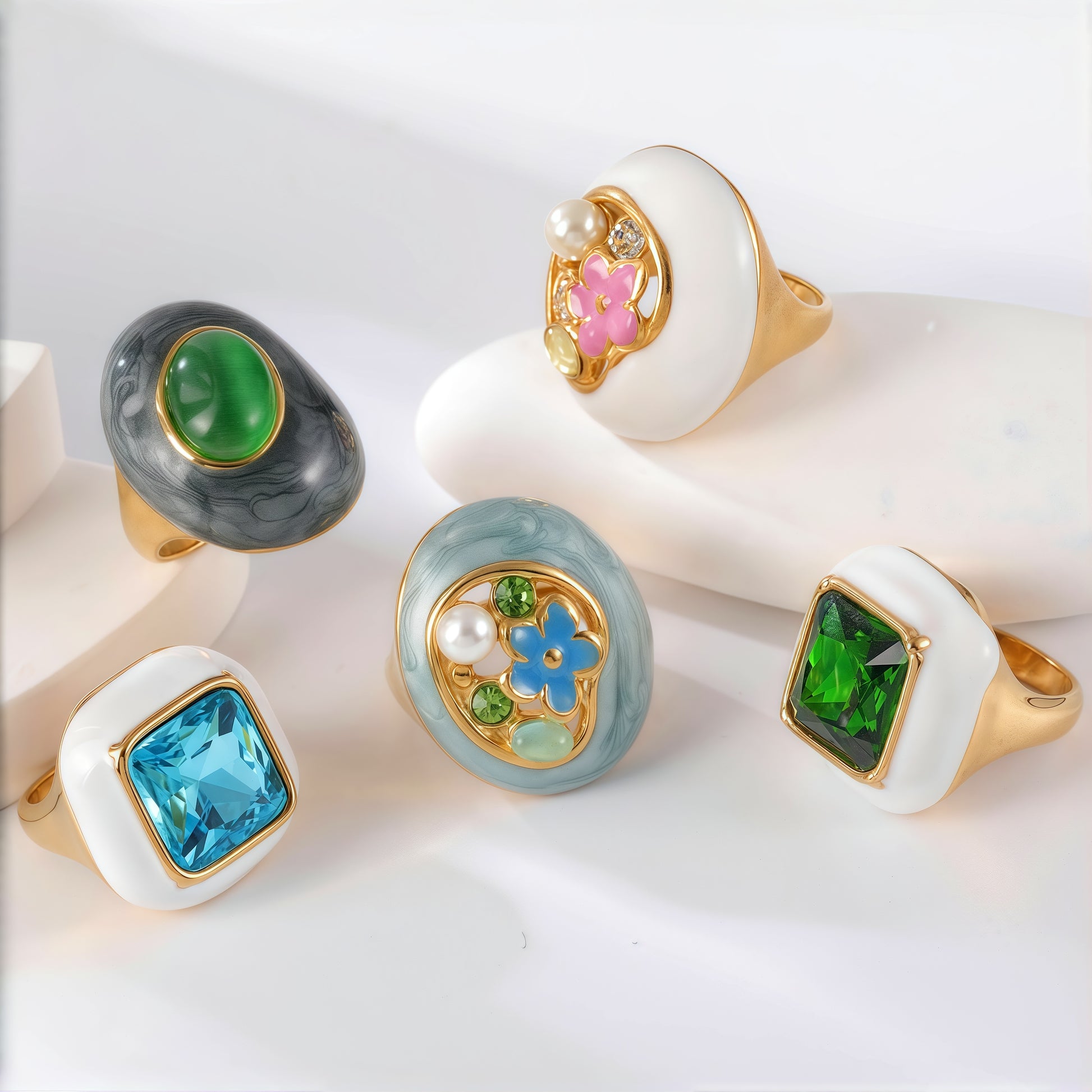 24K Gold PVD Stainless Steel Titanium Flower & Pearl Women's Ring