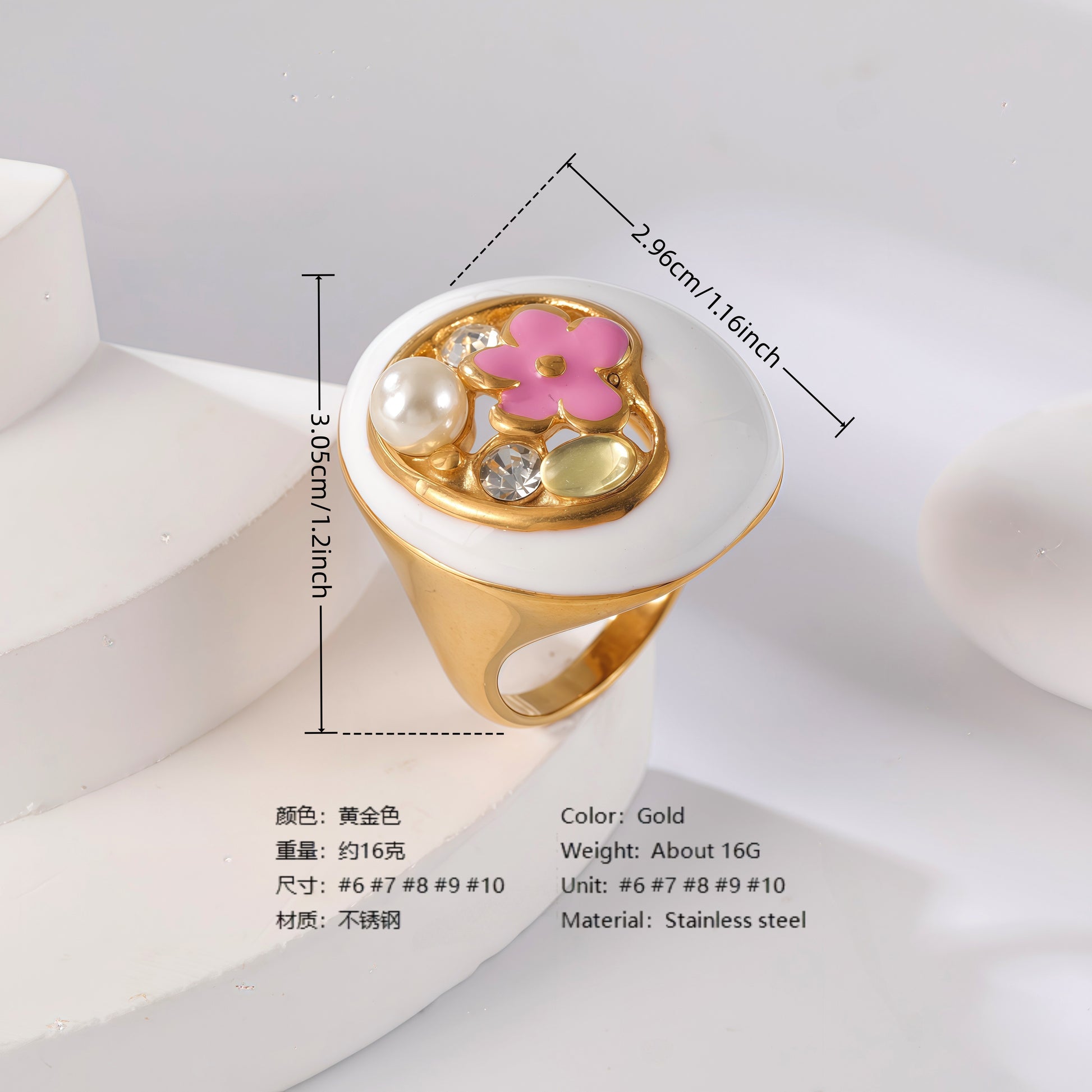 24K Gold PVD Stainless Steel Titanium Flower & Pearl Women's Ring