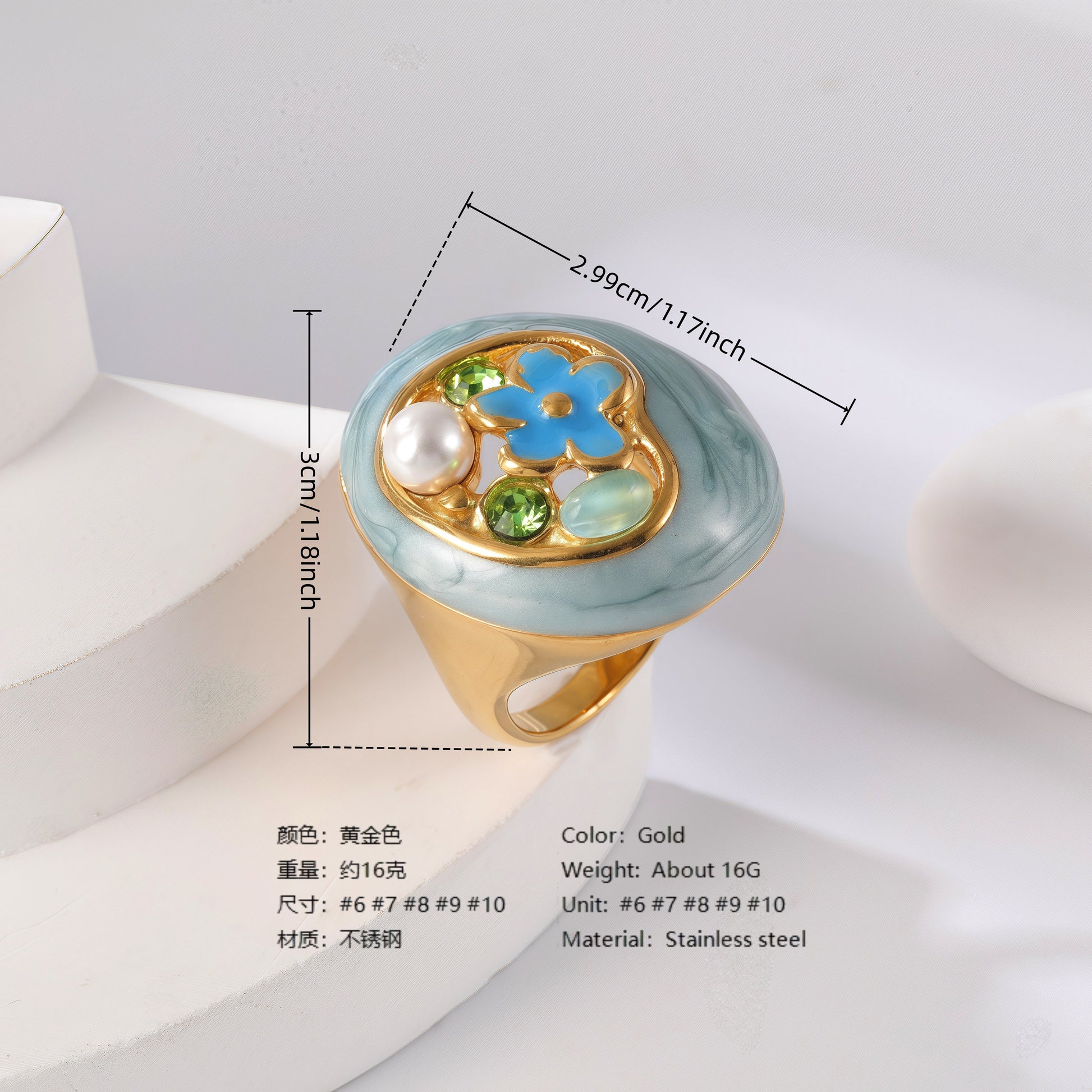 24K Gold PVD Stainless Steel Titanium Flower & Pearl Women's Ring