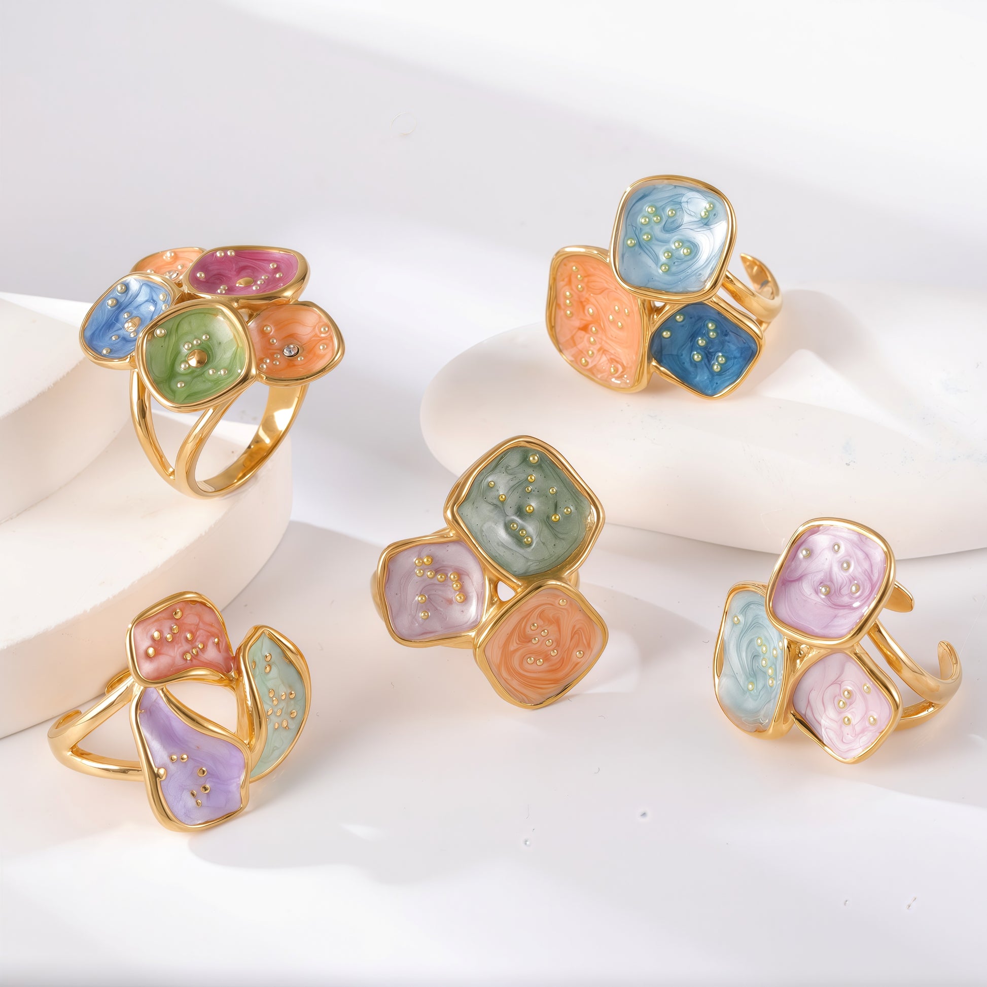 24K Gold PVD Stainless Steel Titanium Colorful Flower Women's Ring