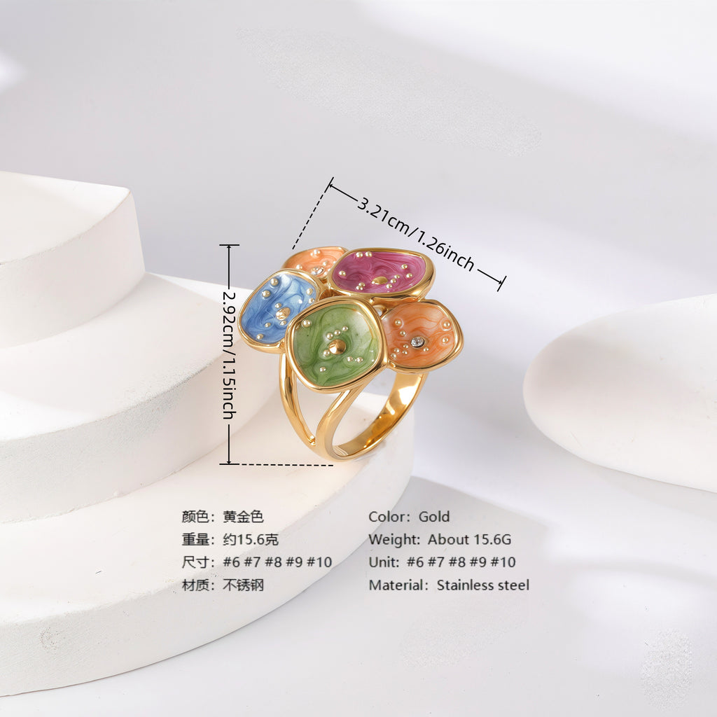 24K Gold PVD Stainless Steel Titanium Colorful Flower Women's Ring