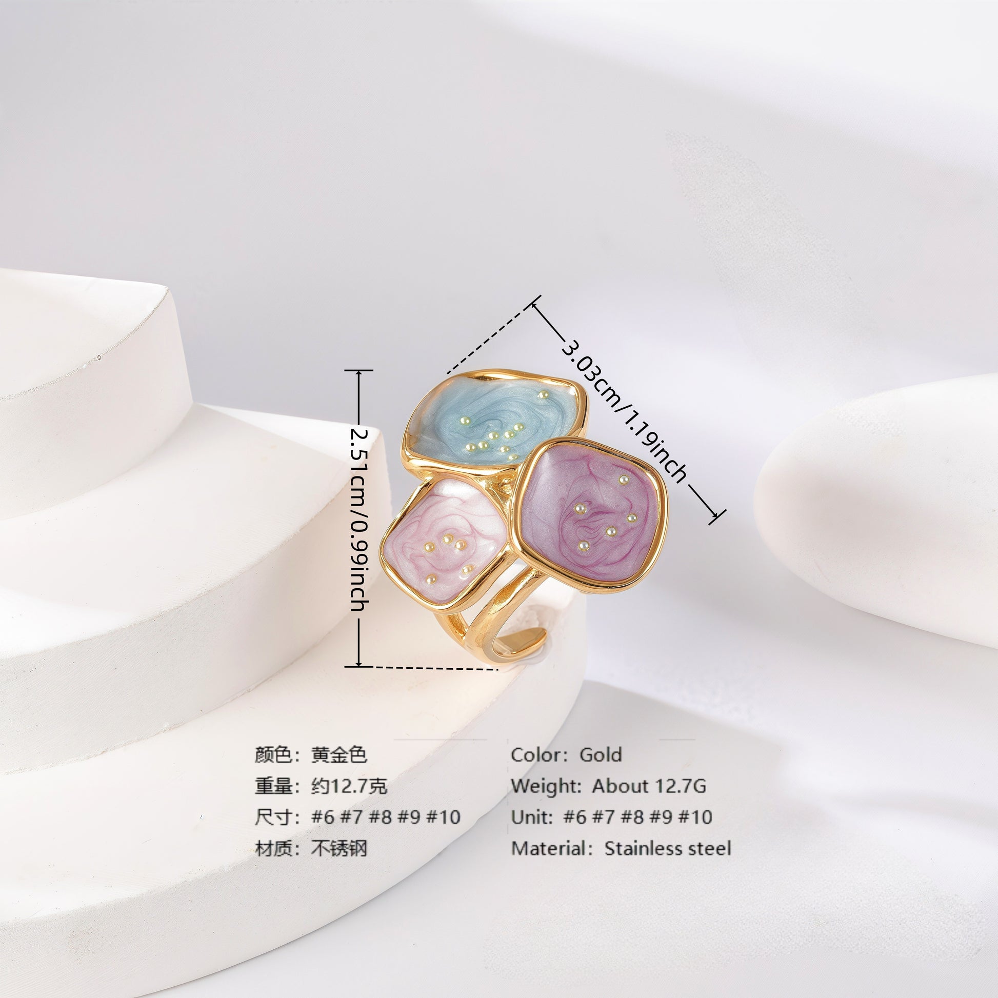 24K Gold PVD Stainless Steel Titanium Colorful Flower Women's Ring