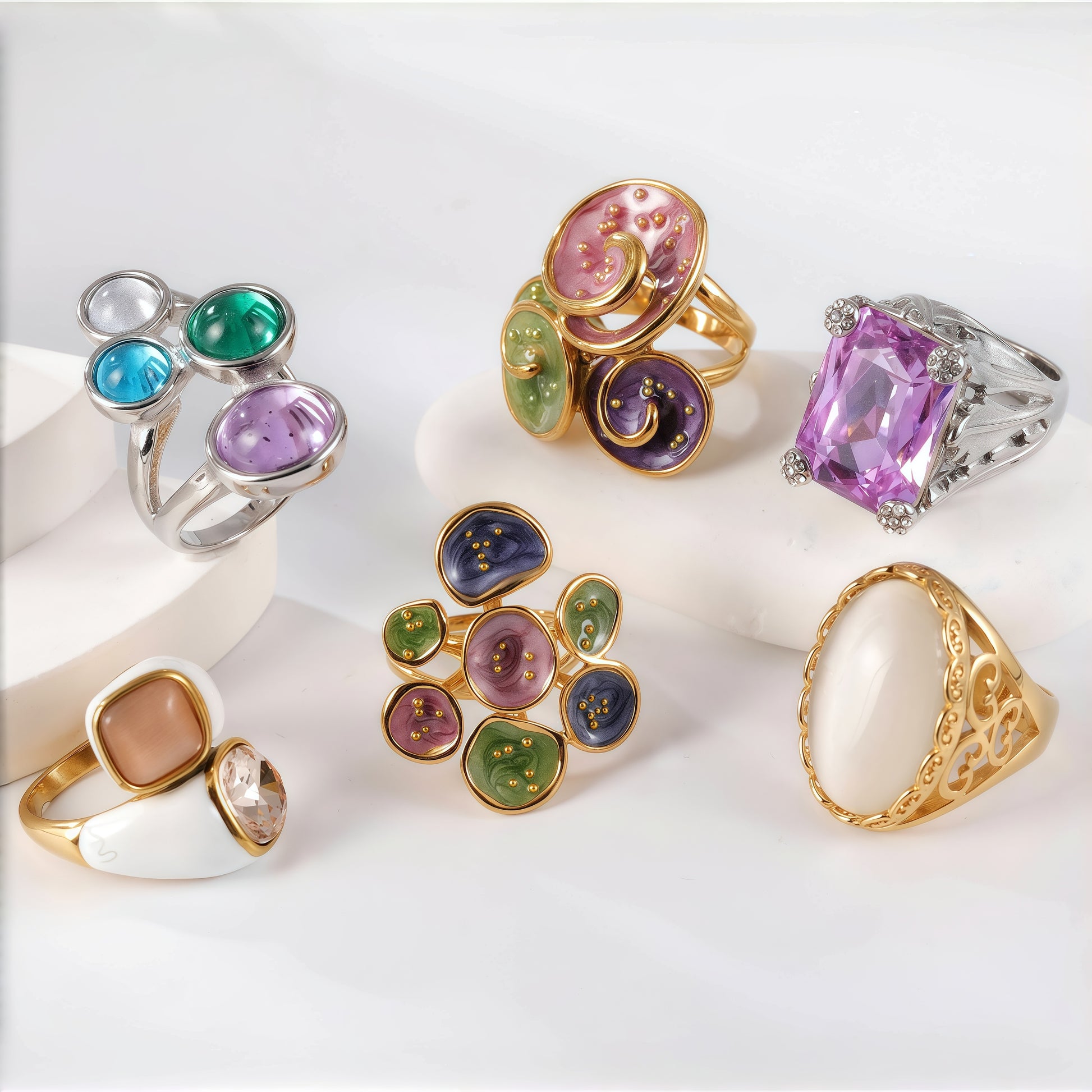 24K Gold PVD Stainless Steel Titanium Elegant Multi-Color Gemstone Women's Ring