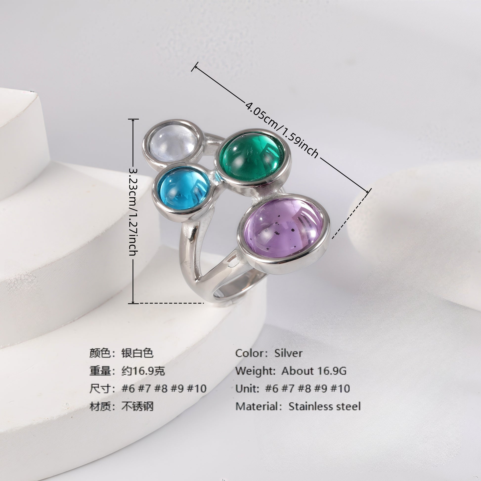 24K Gold PVD Stainless Steel Titanium Elegant Multi-Color Gemstone Women's Ring