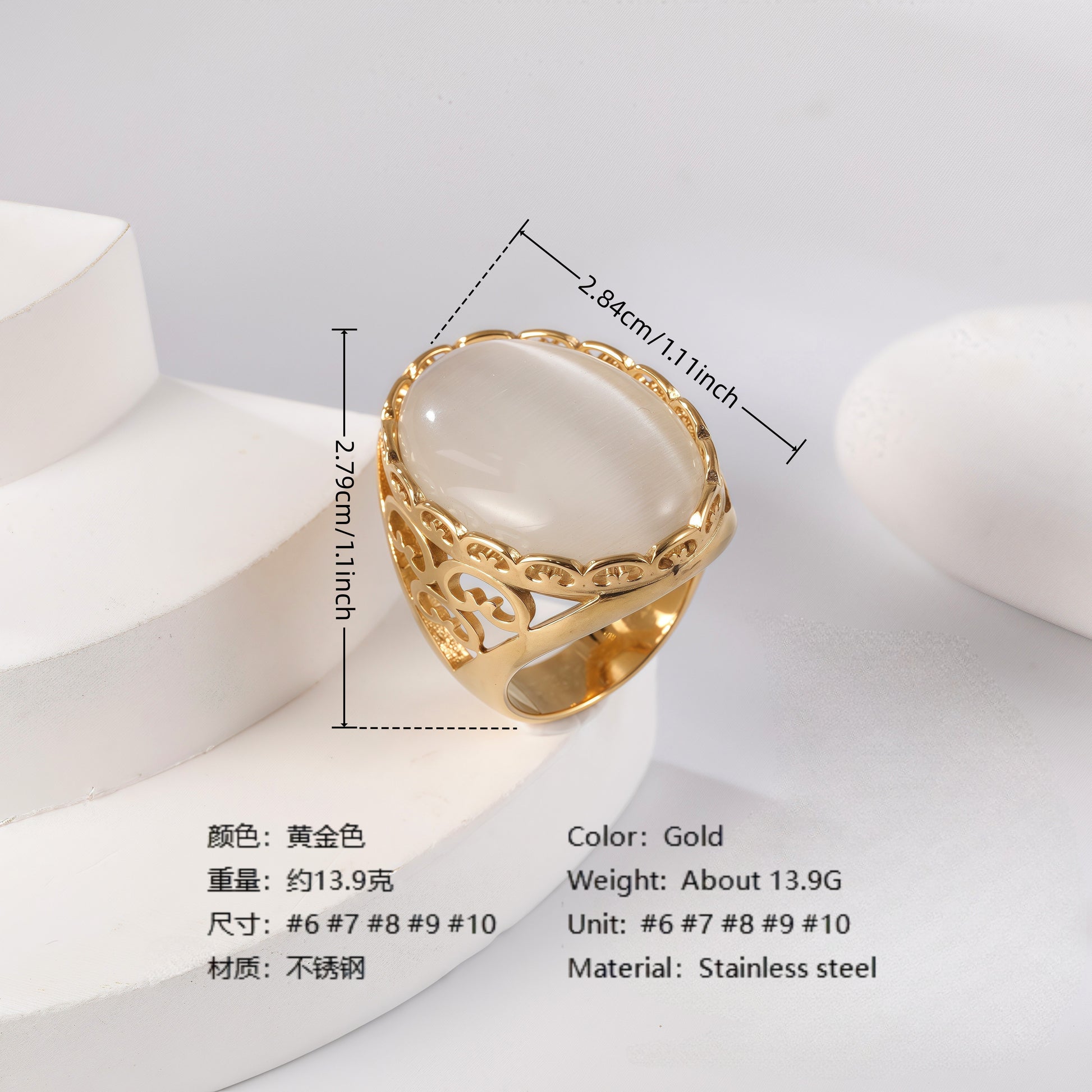 24K Gold PVD Stainless Steel Titanium Elegant Multi-Color Gemstone Women's Ring