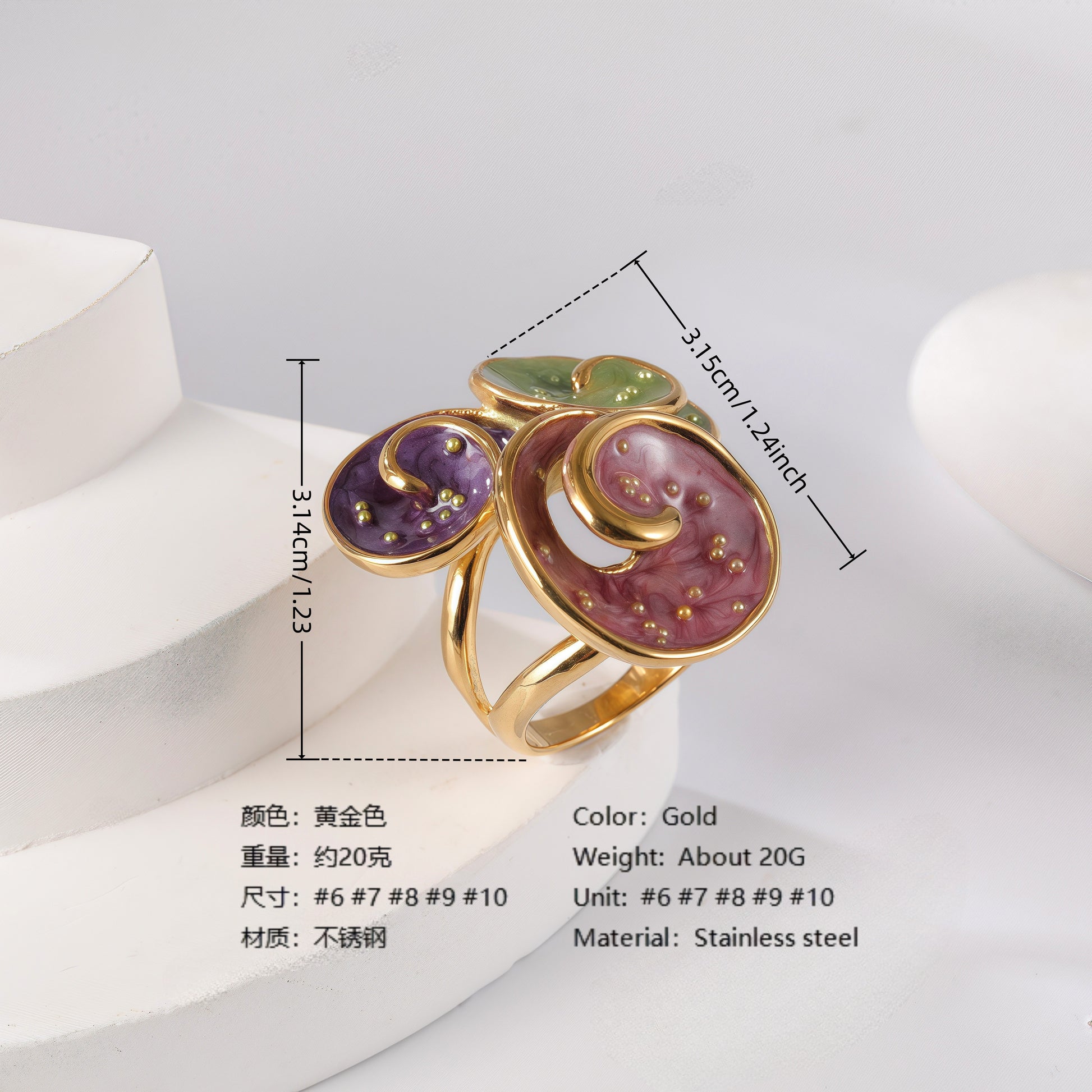 24K Gold PVD Stainless Steel Titanium Elegant Multi-Color Gemstone Women's Ring
