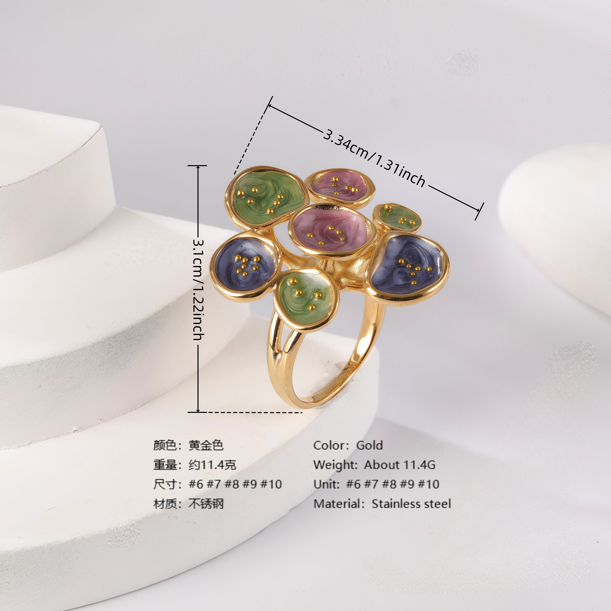 24K Gold PVD Stainless Steel Titanium Elegant Multi-Color Gemstone Women's Ring