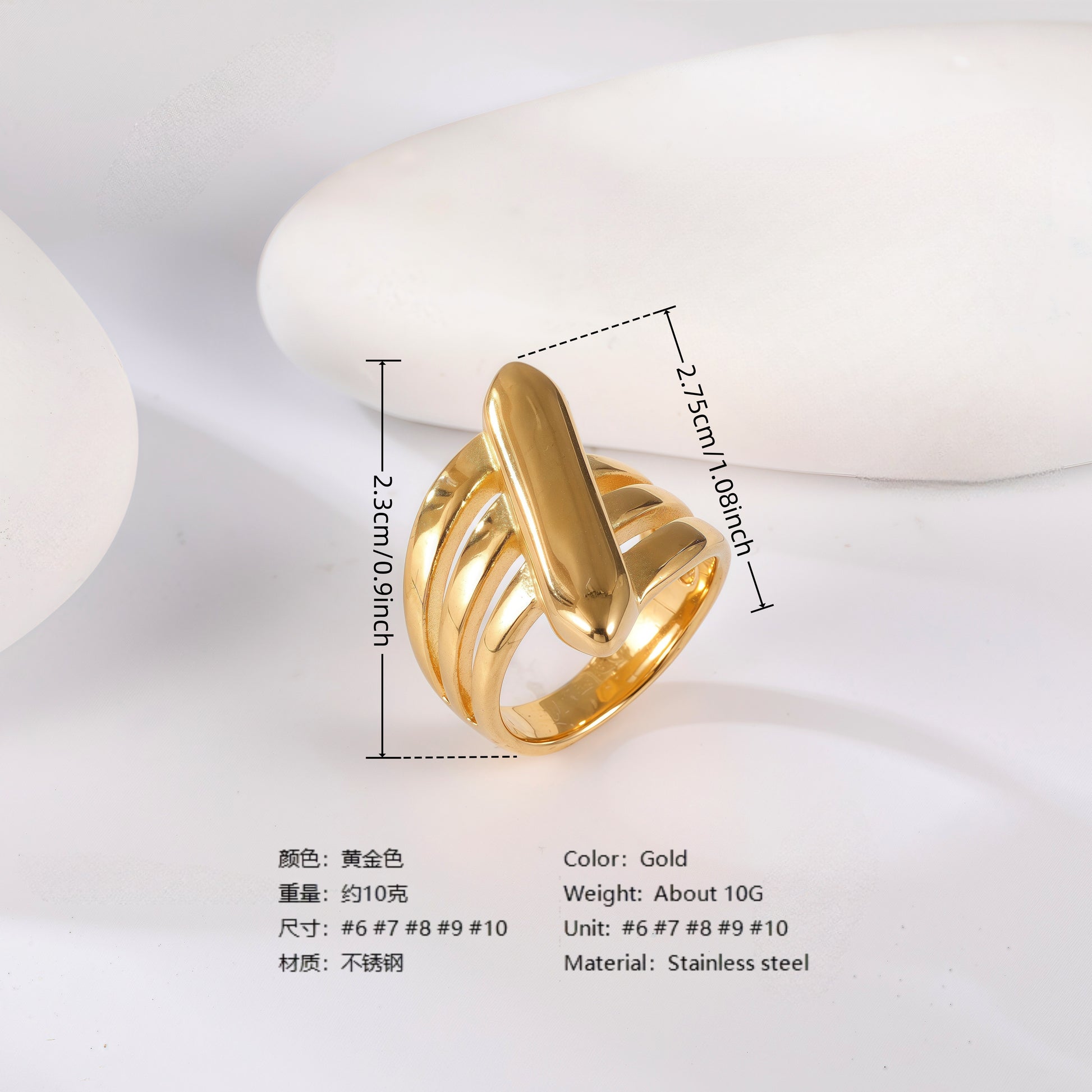 24K Gold PVD Stainless Steel Titanium Wave & Streamline Women's Ring