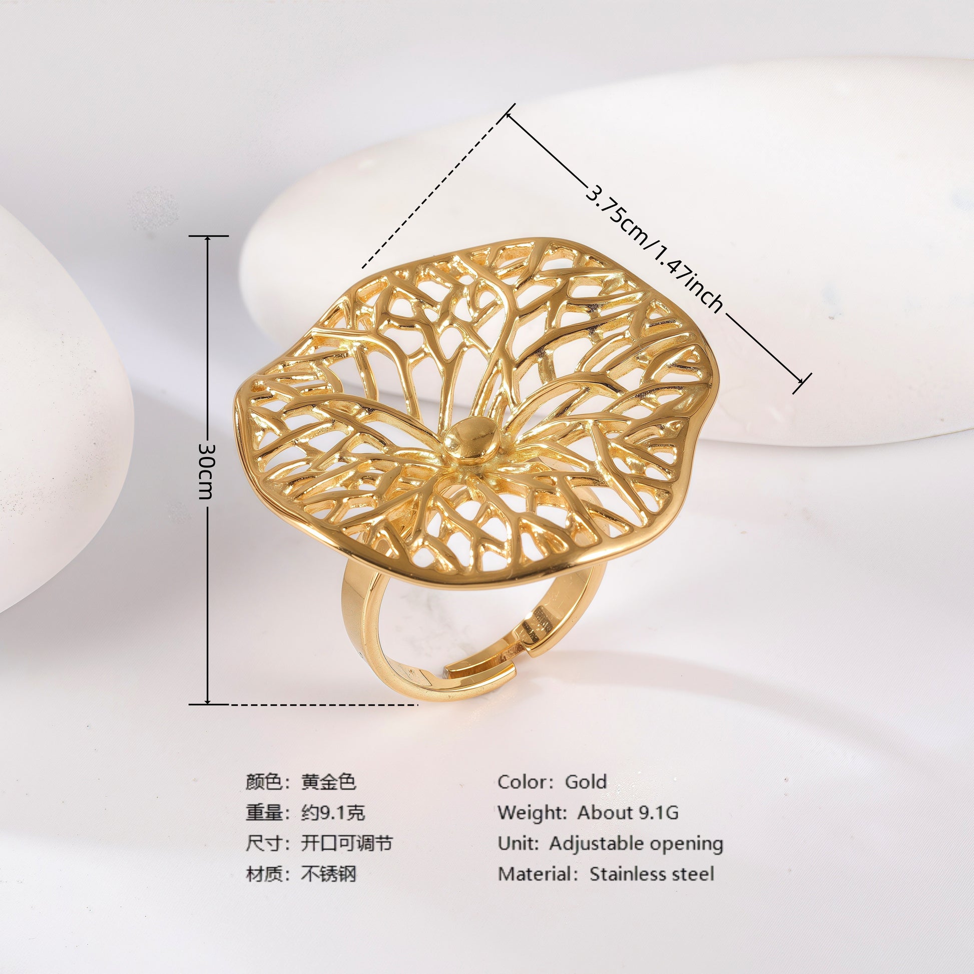 24K Gold PVD Stainless Steel Titanium Floral Pearl Adjustable Women's Ring