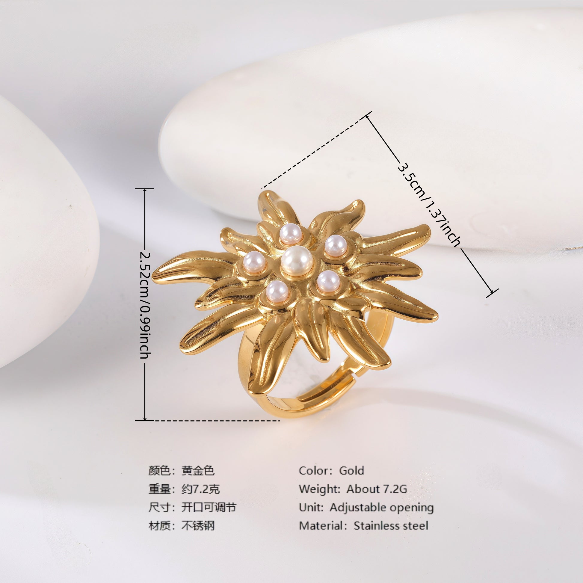 24K Gold PVD Stainless Steel Titanium Floral Pearl Adjustable Women's Ring