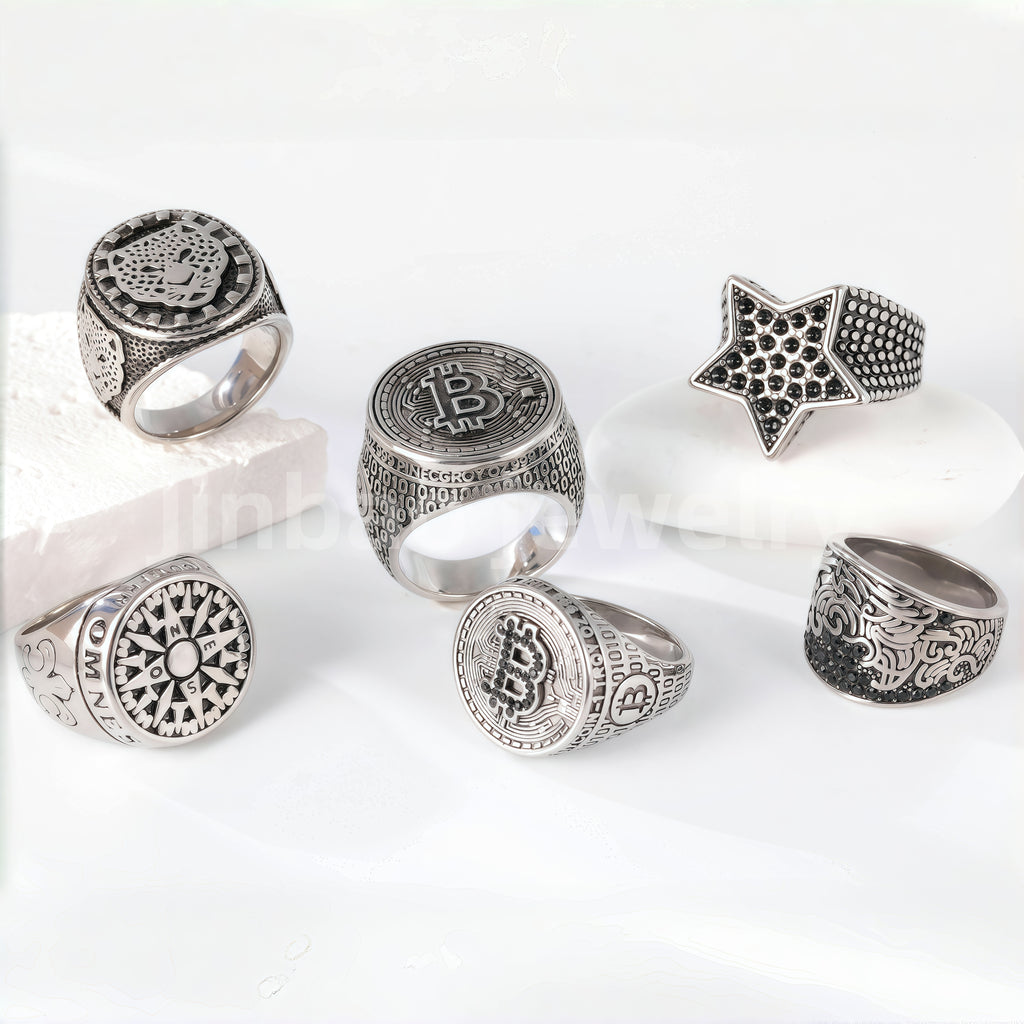 Stainless Steel Titanium Bitcoin-Fingerprint Patterns Men's Ring