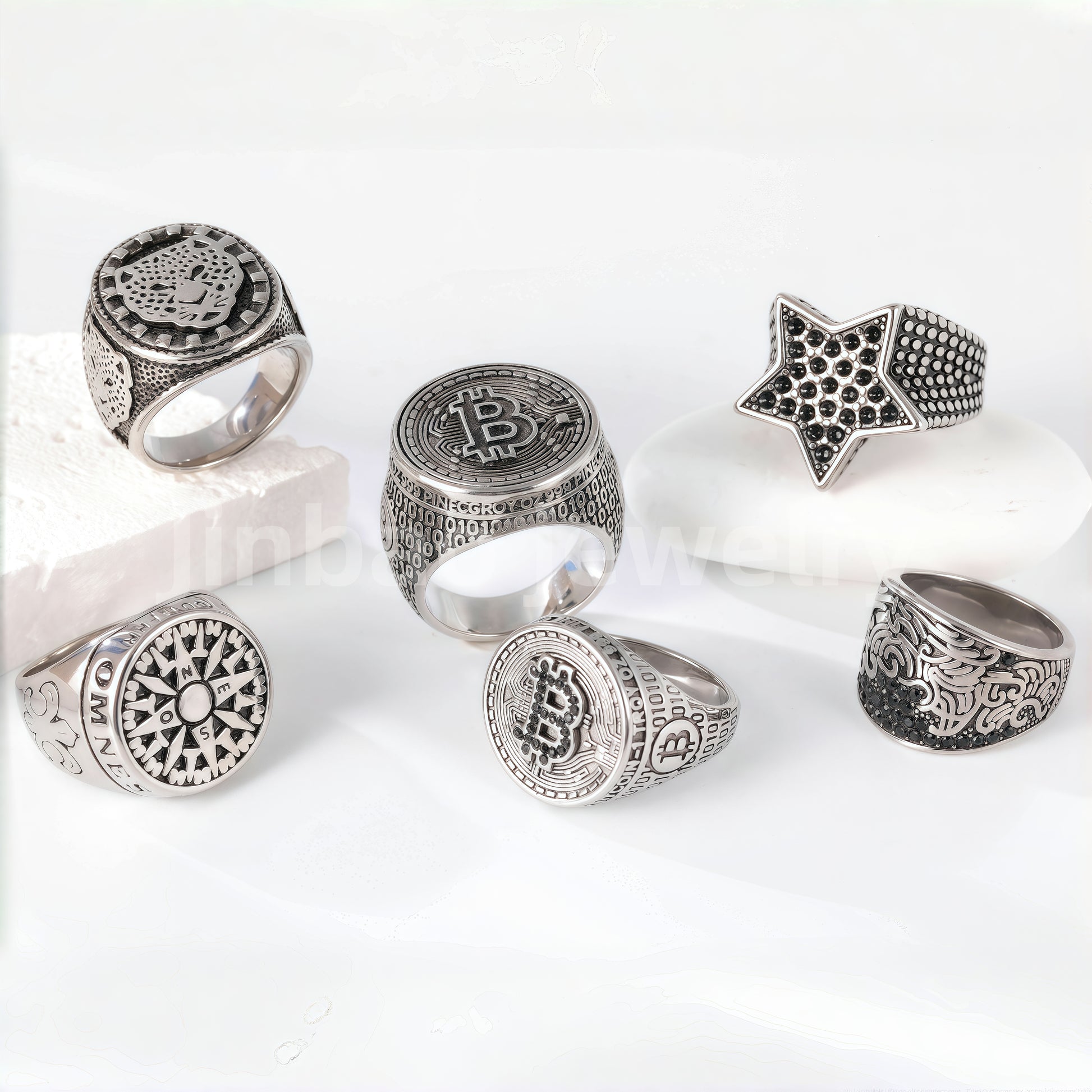 Stainless Steel Titanium Bitcoin-Fingerprint Patterns Men's Ring