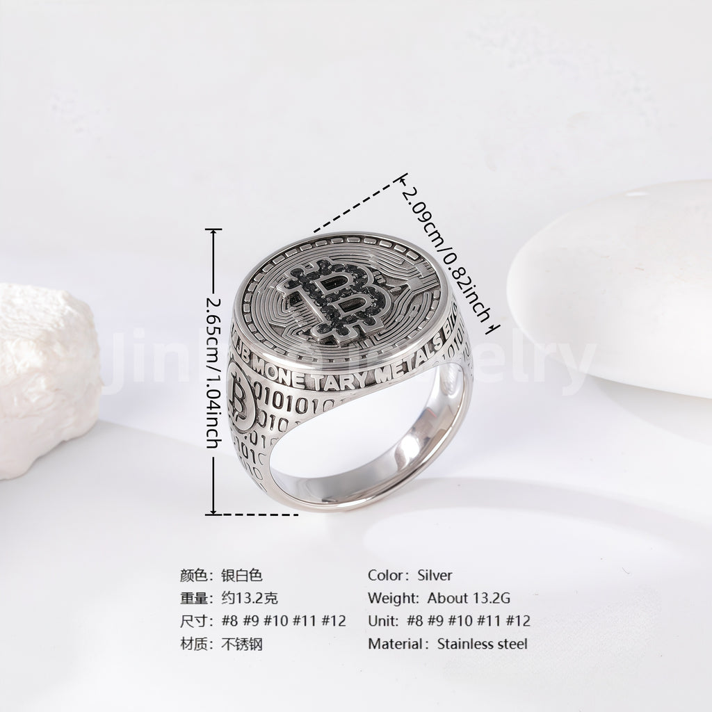 Stainless Steel Titanium Bitcoin-Fingerprint Patterns Men's Ring