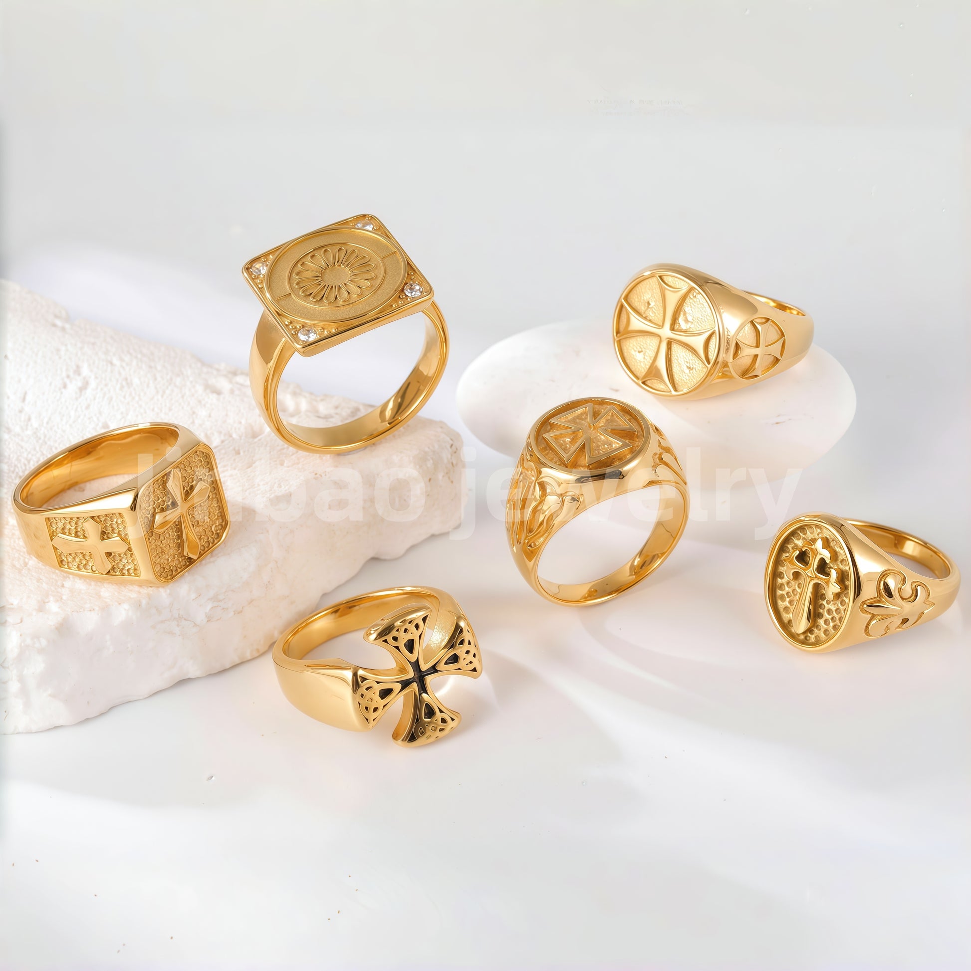 24K Gold PVD Stainless Steel Titanium Cross Pattern Men's Ring