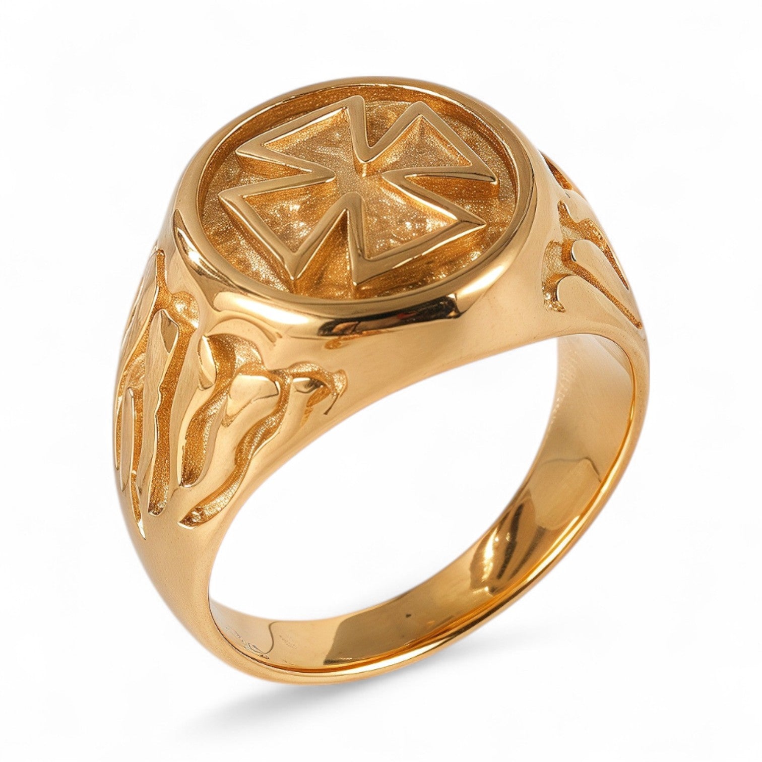 24K Gold PVD Stainless Steel Titanium Cross Pattern Men's Ring