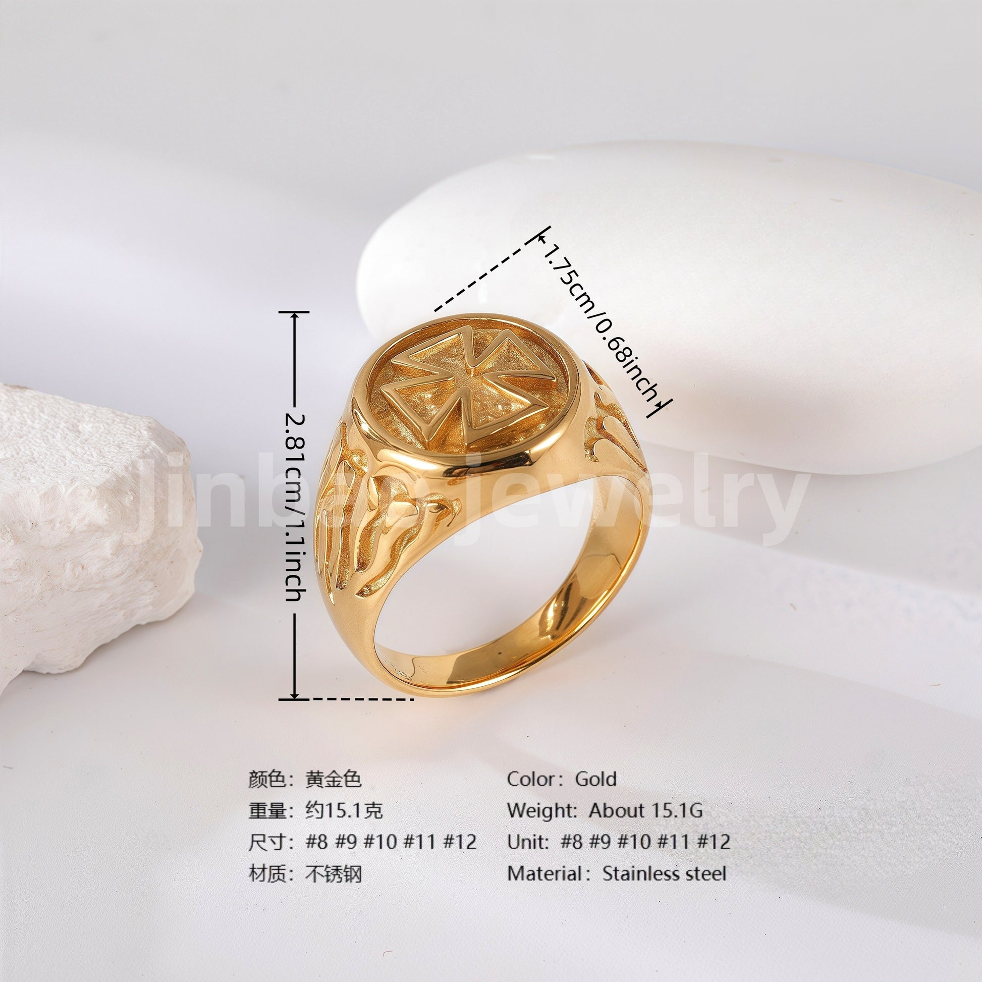 24K Gold PVD Stainless Steel Titanium Cross Pattern Men's Ring