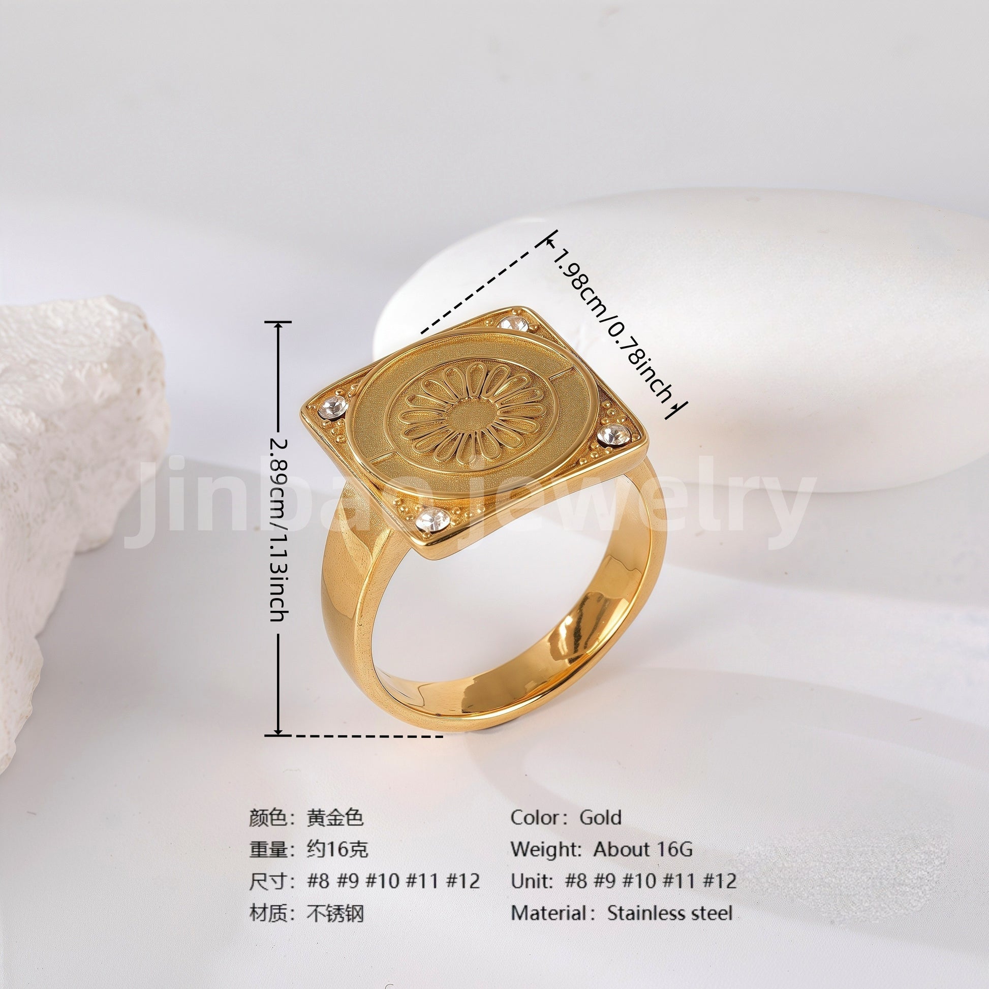 24K Gold PVD Stainless Steel Titanium Cross Pattern Men's Ring