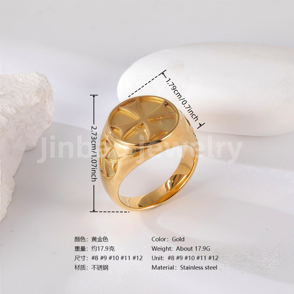 24K Gold PVD Stainless Steel Titanium Cross Pattern Men's Ring