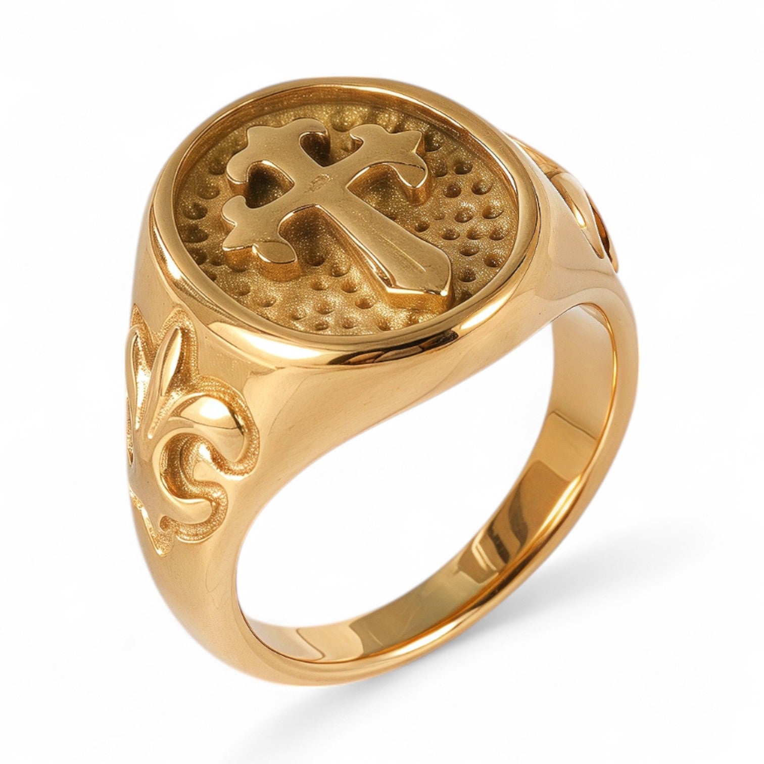 24K Gold PVD Stainless Steel Titanium Cross Pattern Men's Ring