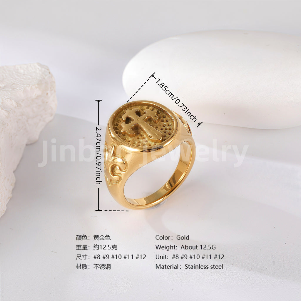 24K Gold PVD Stainless Steel Titanium Cross Pattern Men's Ring