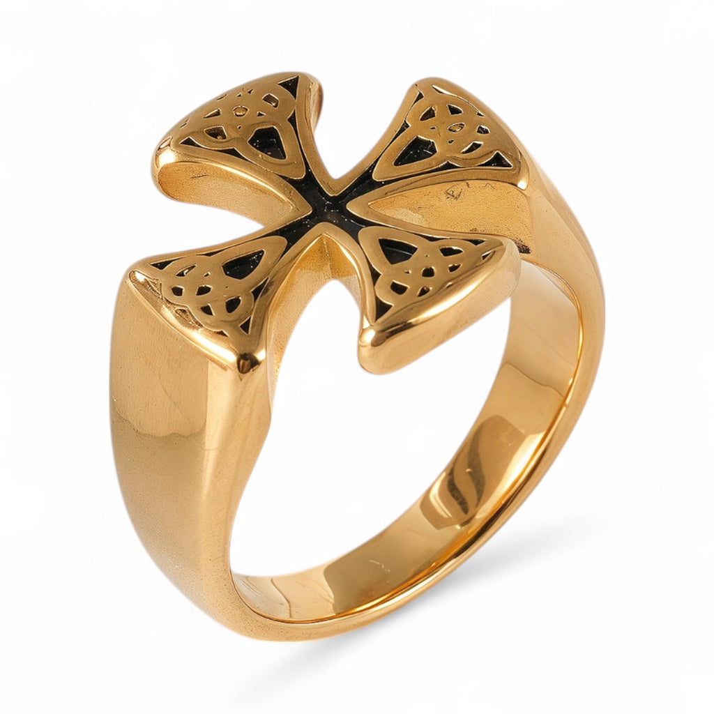24K Gold PVD Stainless Steel Titanium Cross Pattern Men's Ring
