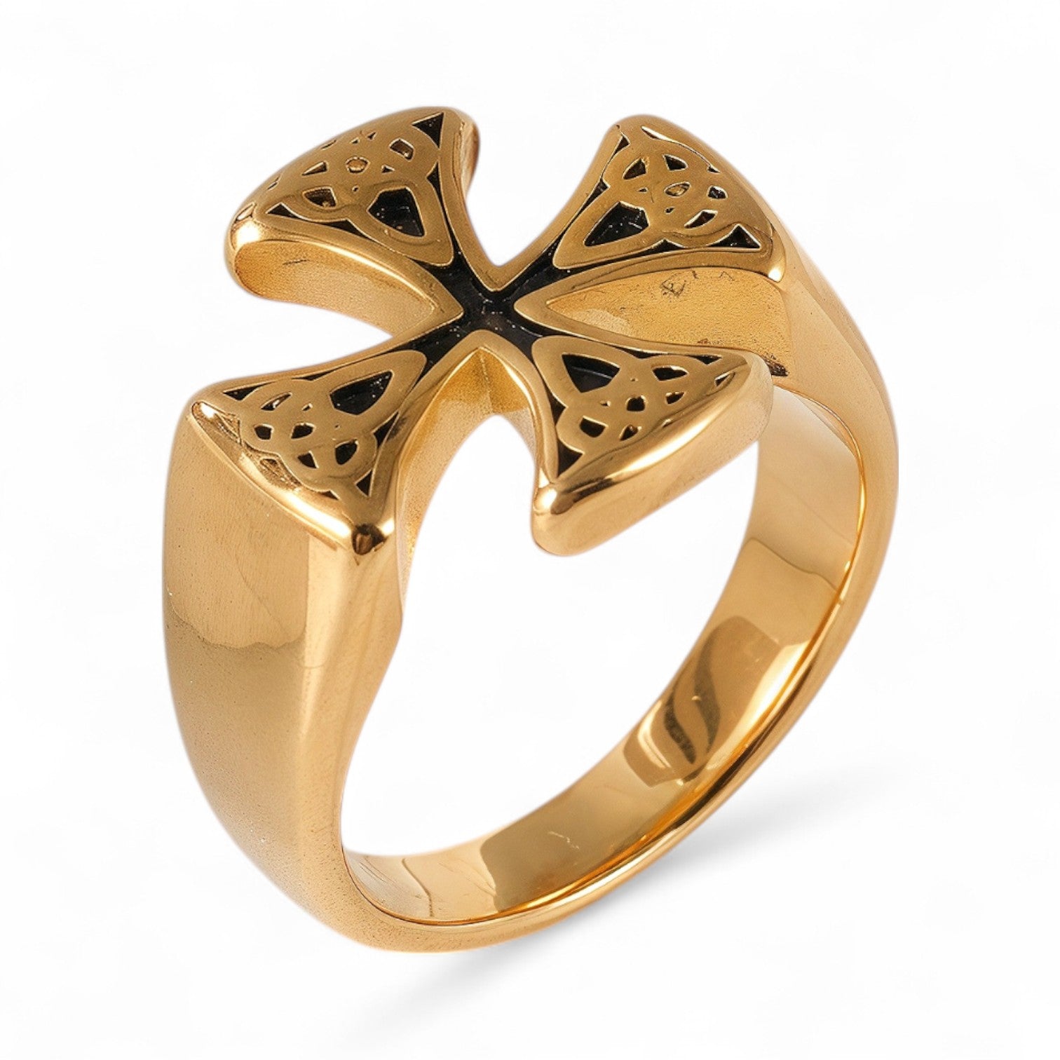 24K Gold PVD Stainless Steel Titanium Cross Pattern Men's Ring