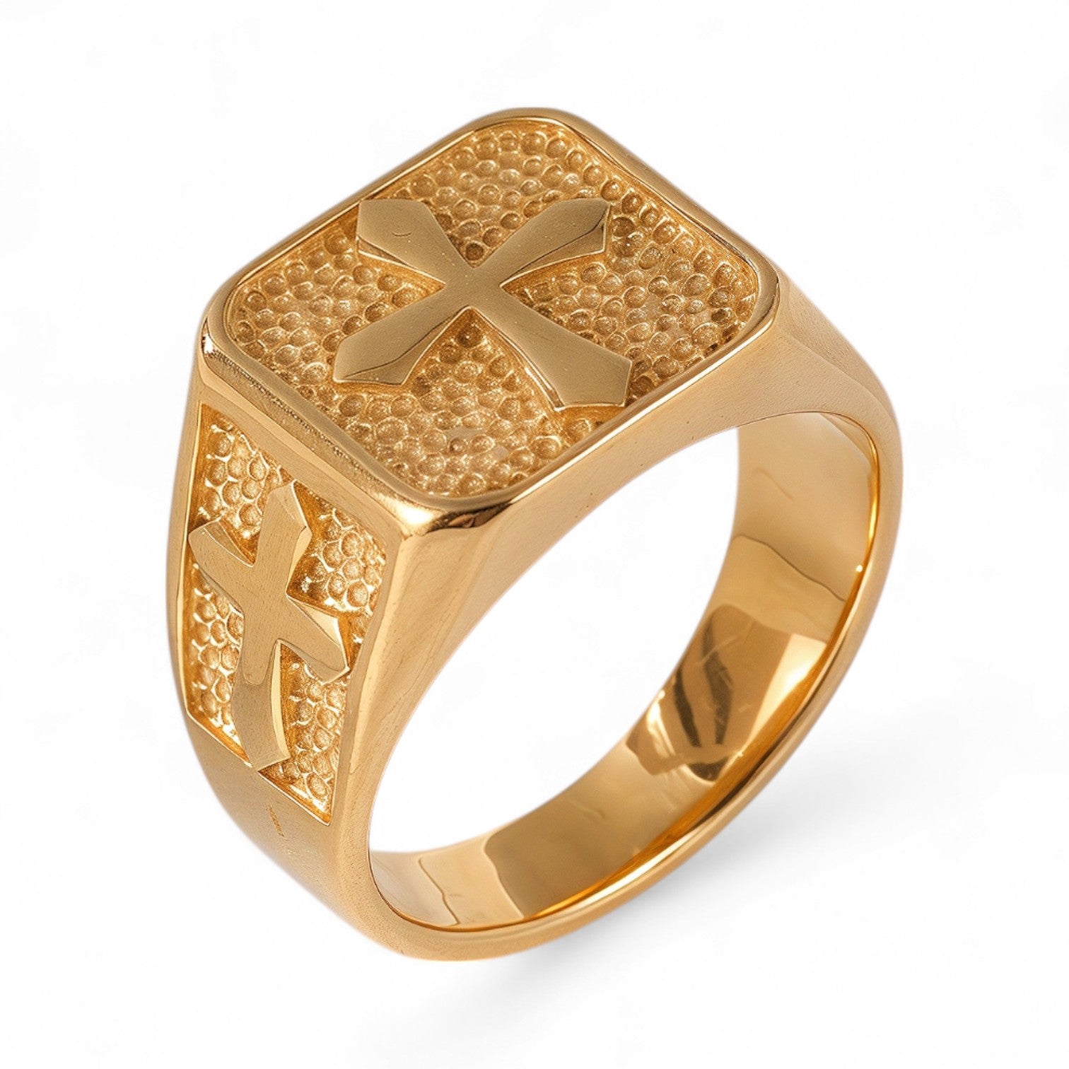 24K Gold PVD Stainless Steel Titanium Cross Pattern Men's Ring