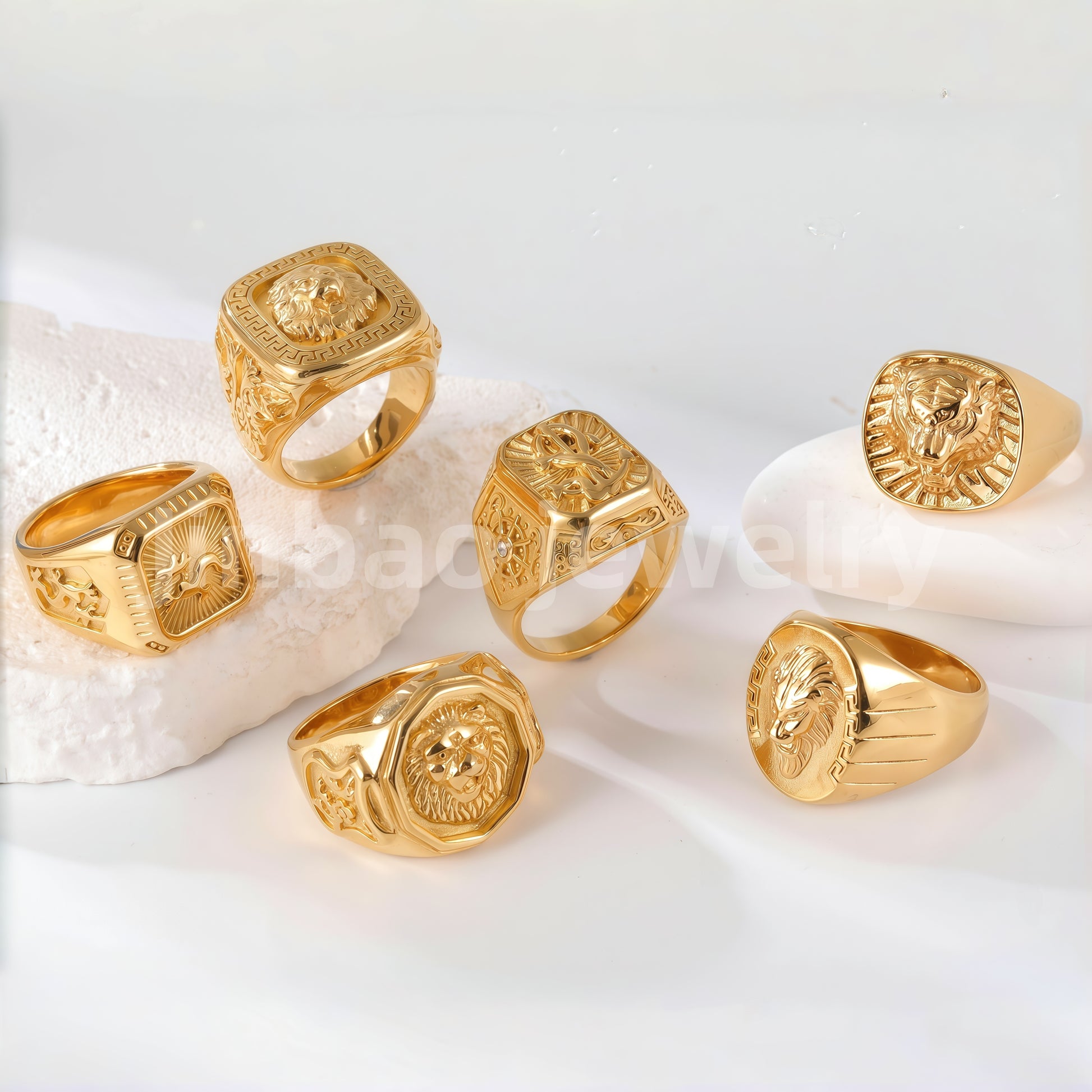 24K Gold PVD Stainless Steel Titanium Lion-Themed Men's Ring