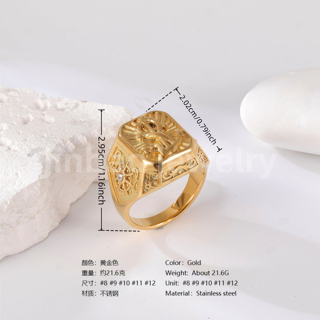 24K Gold PVD Stainless Steel Titanium Lion-Themed Men's Ring