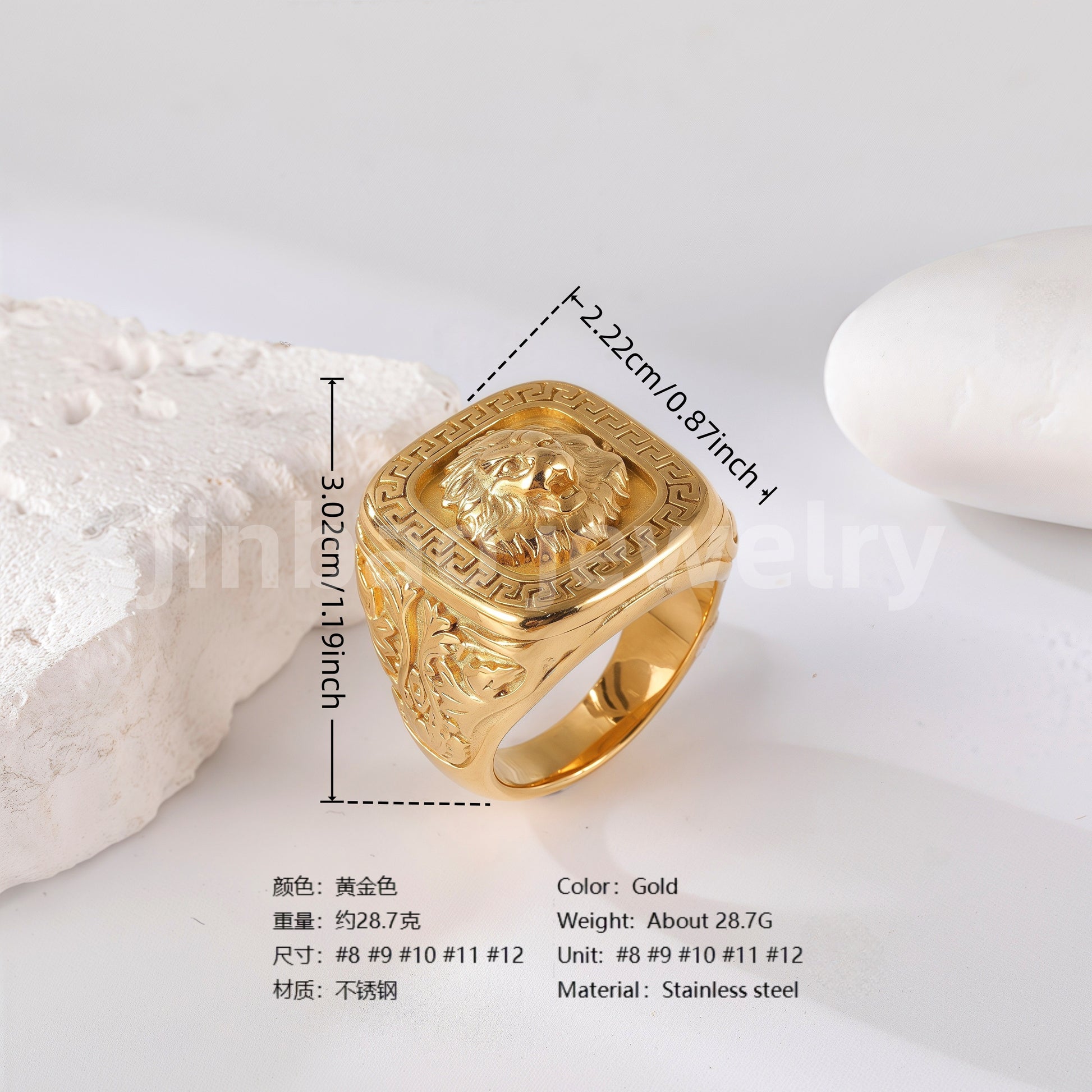 24K Gold PVD Stainless Steel Titanium Lion-Themed Men's Ring