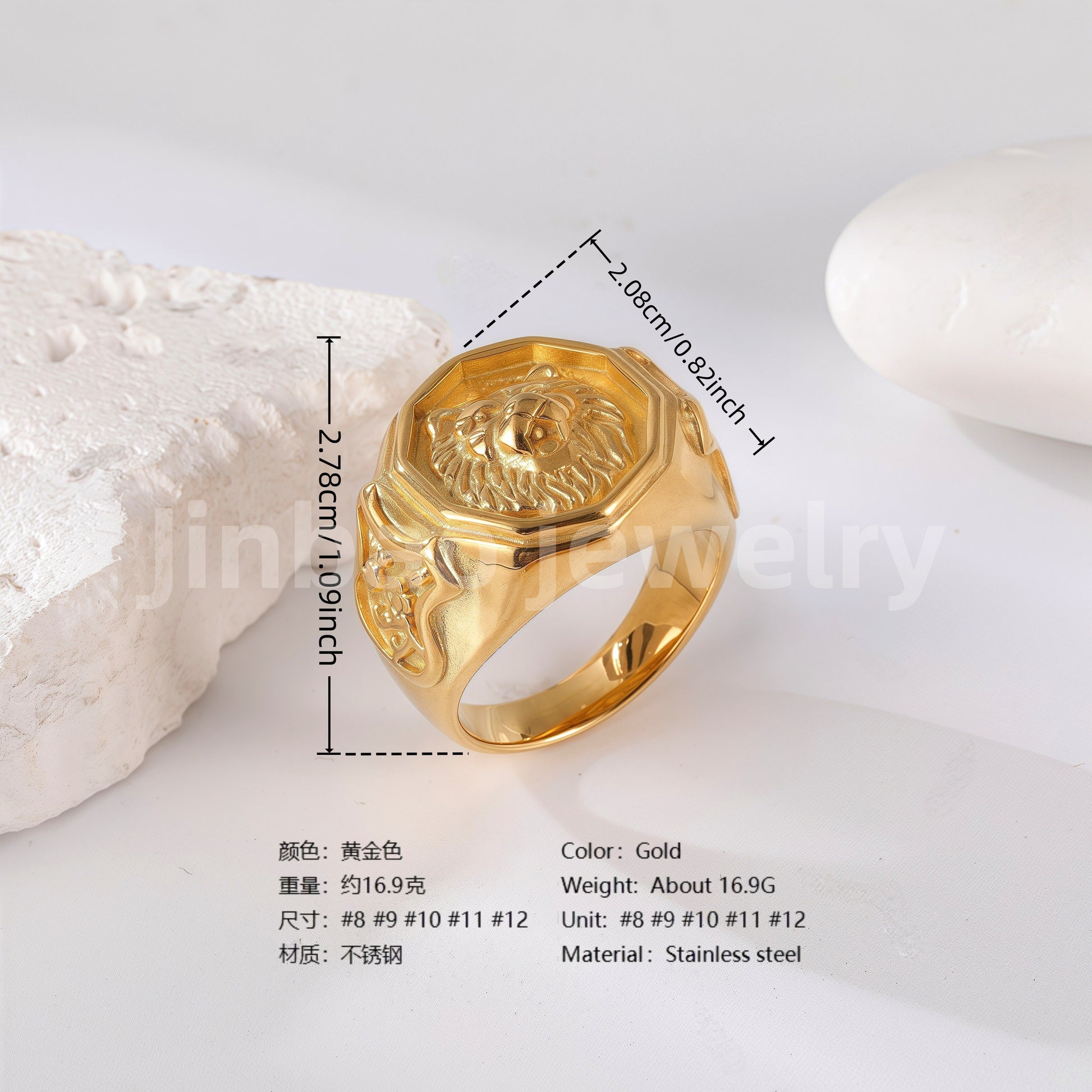 24K Gold PVD Stainless Steel Titanium Lion-Themed Men's Ring