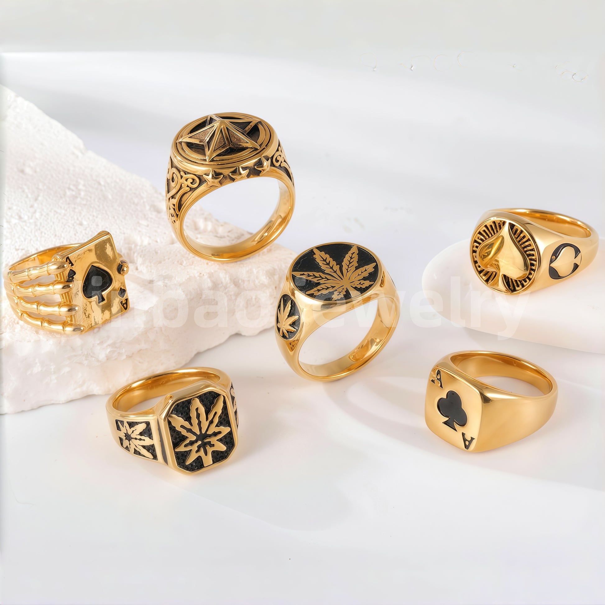 24K Gold PVD Stainless Steel Titanium Leaf & Spade Symbol Men's Ring