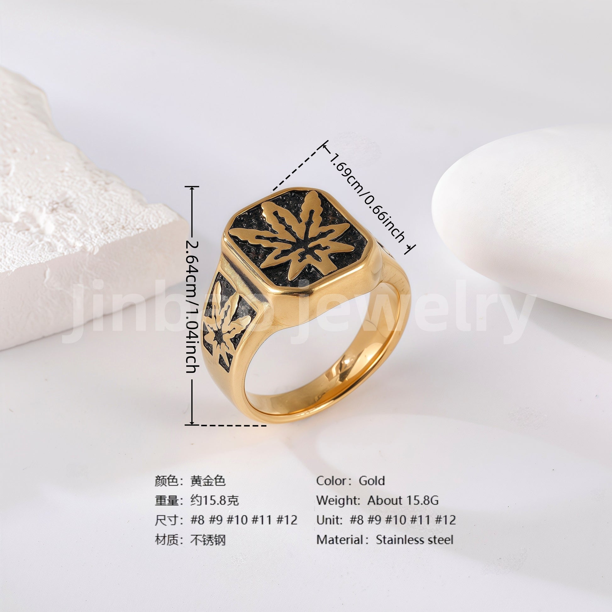 24K Gold PVD Stainless Steel Titanium Leaf & Spade Symbol Men's Ring