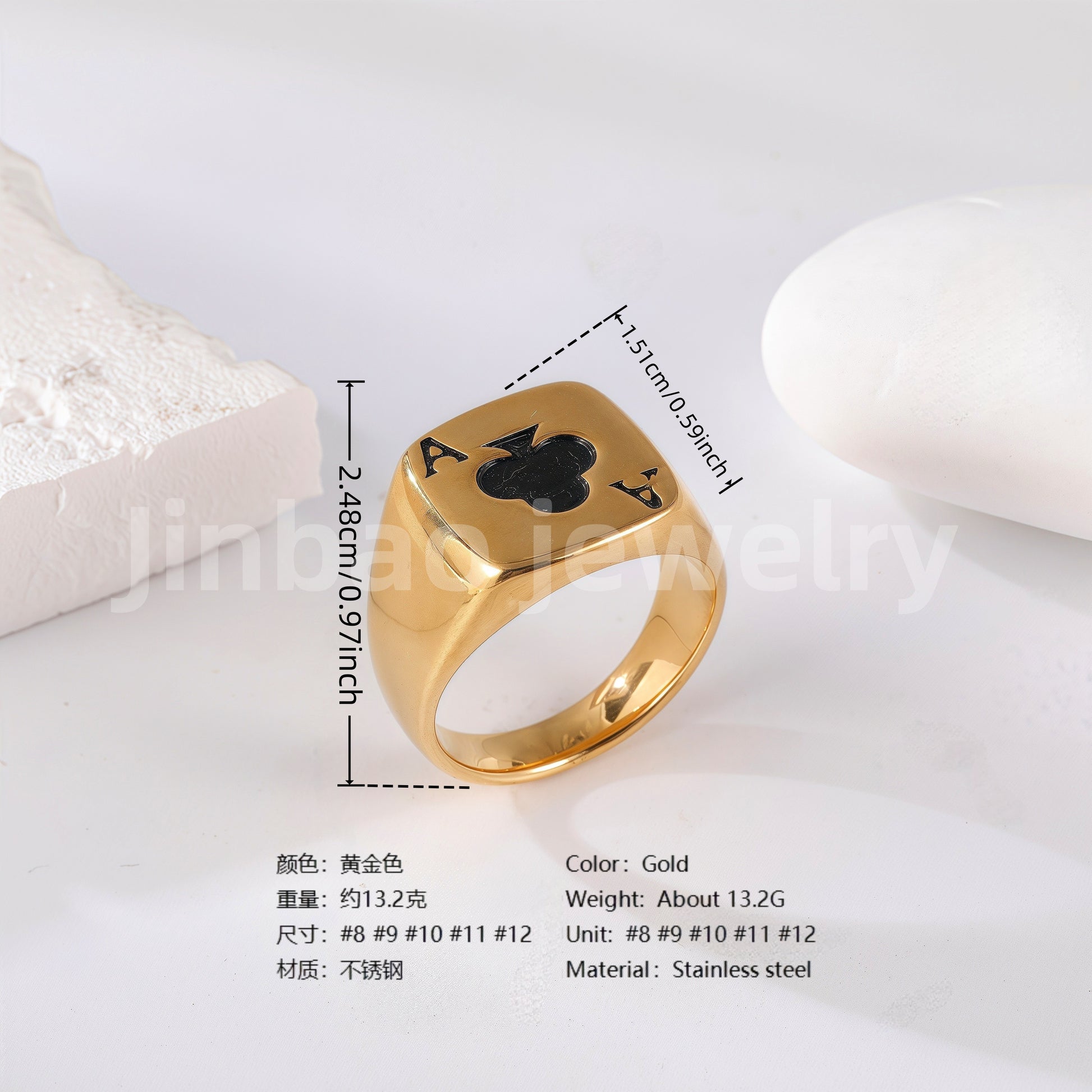24K Gold PVD Stainless Steel Titanium Leaf & Spade Symbol Men's Ring