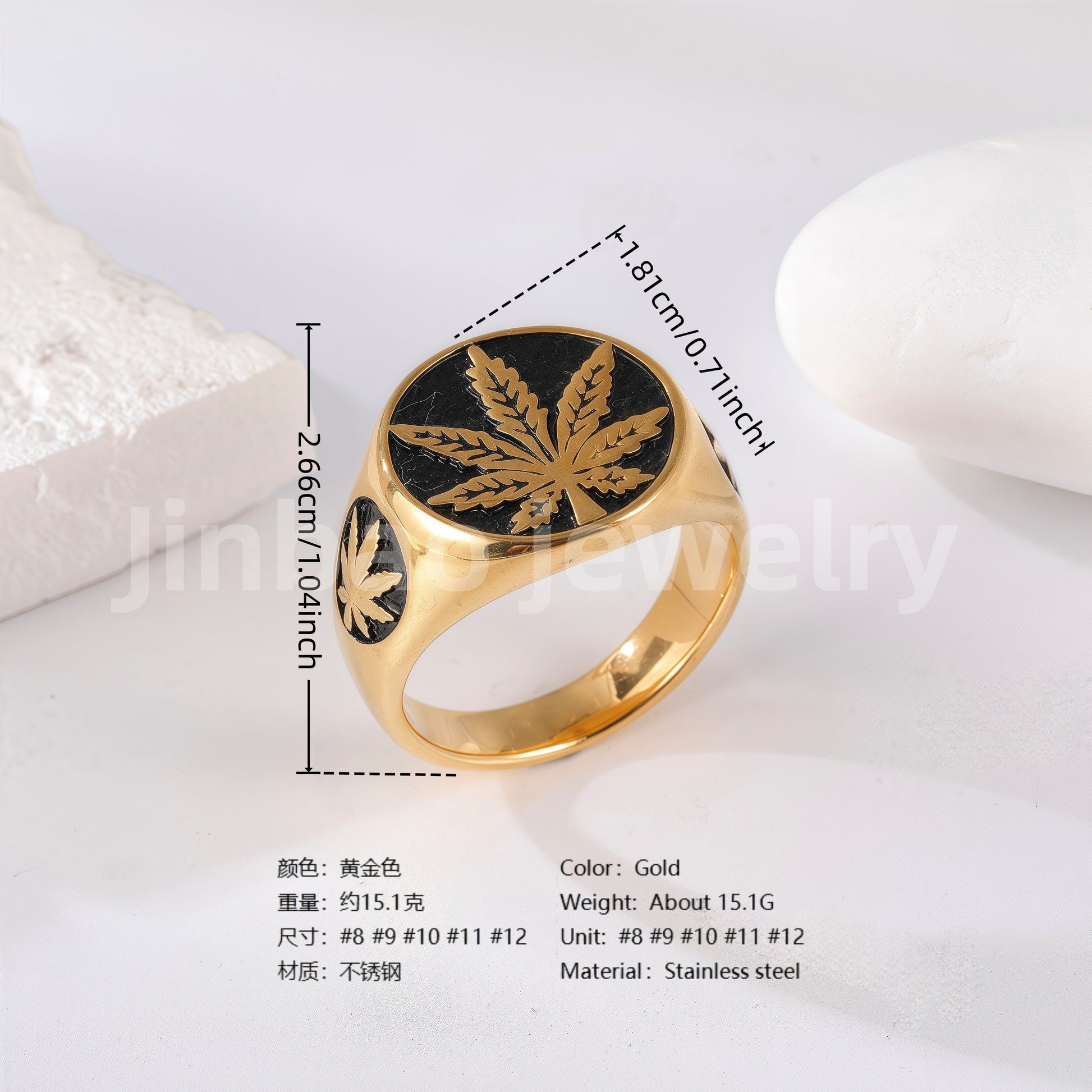 24K Gold PVD Stainless Steel Titanium Leaf & Spade Symbol Men's Ring