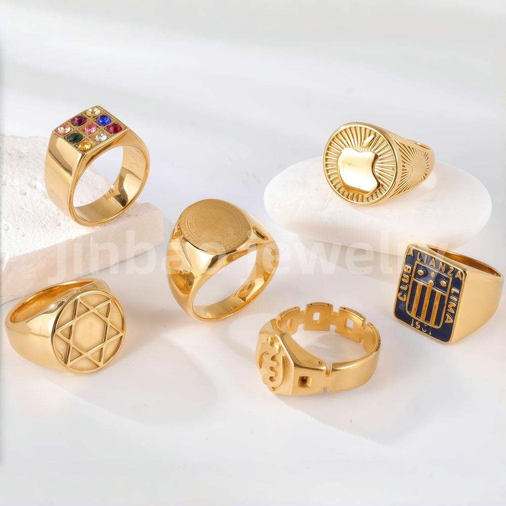 24K Gold PVD Stainless Steel Titanium Logo & Symbolic Men's Ring