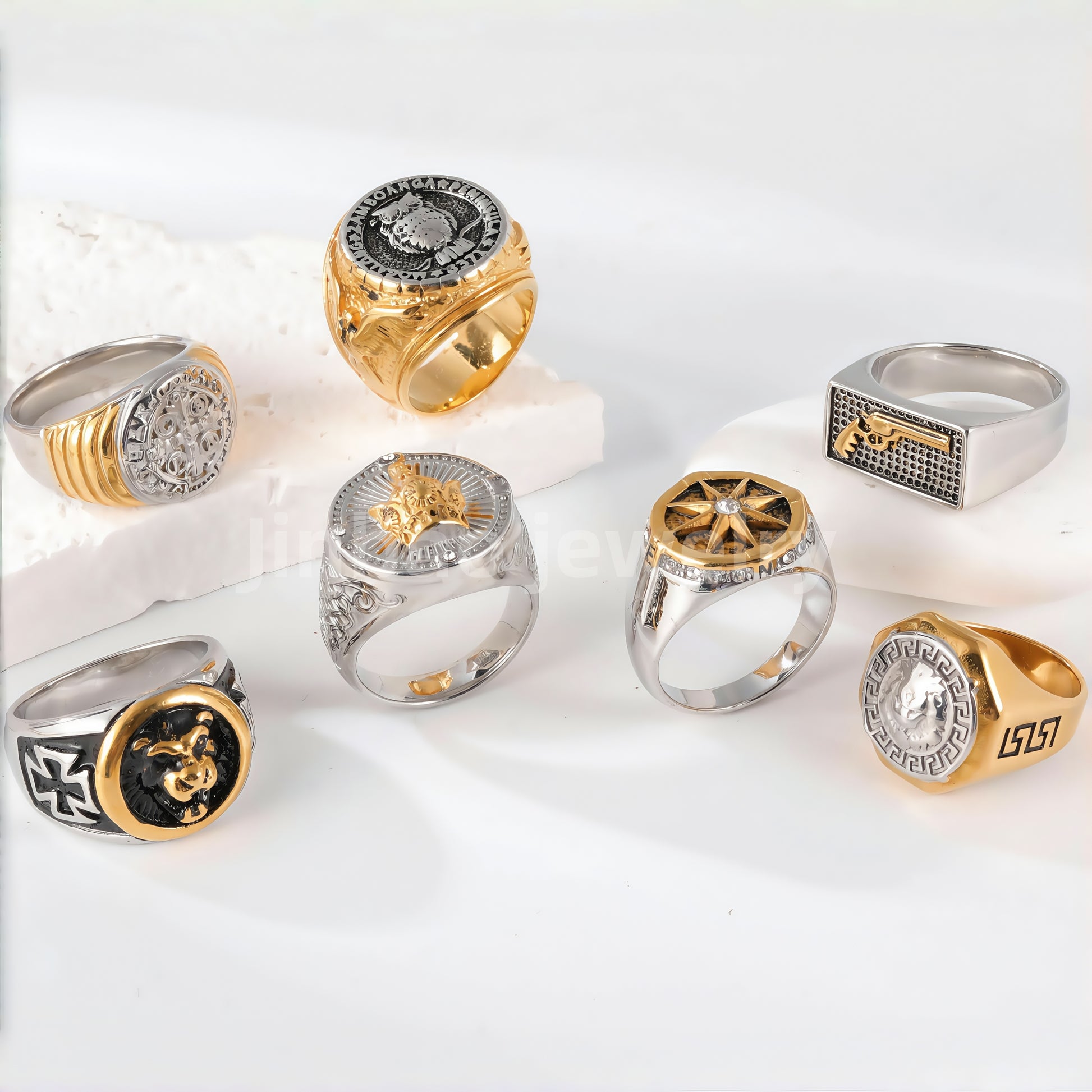 24K Gold PVD Stainless Steel Titanium Hip Hop Special Pattern Men's Ring