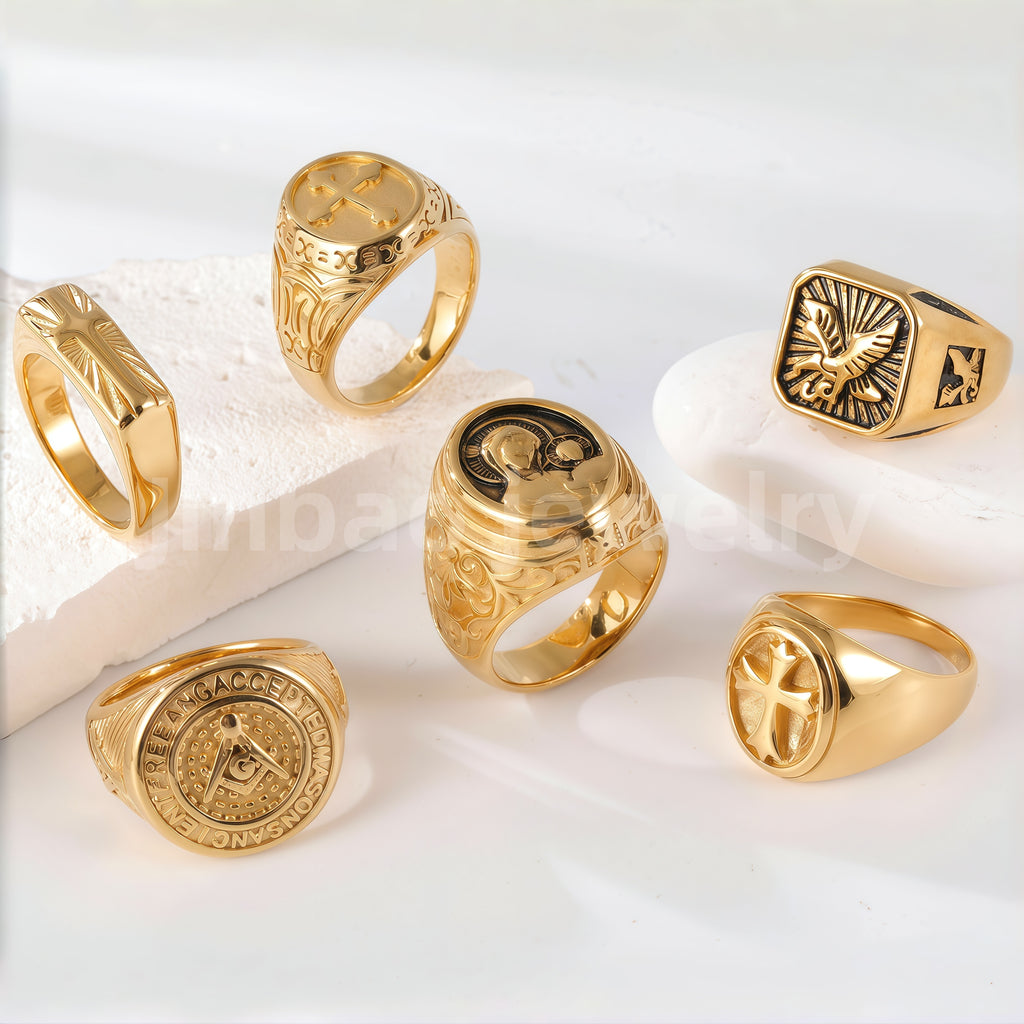 24K Gold PVD Stainless Steel Titanium Signet Men's Ring