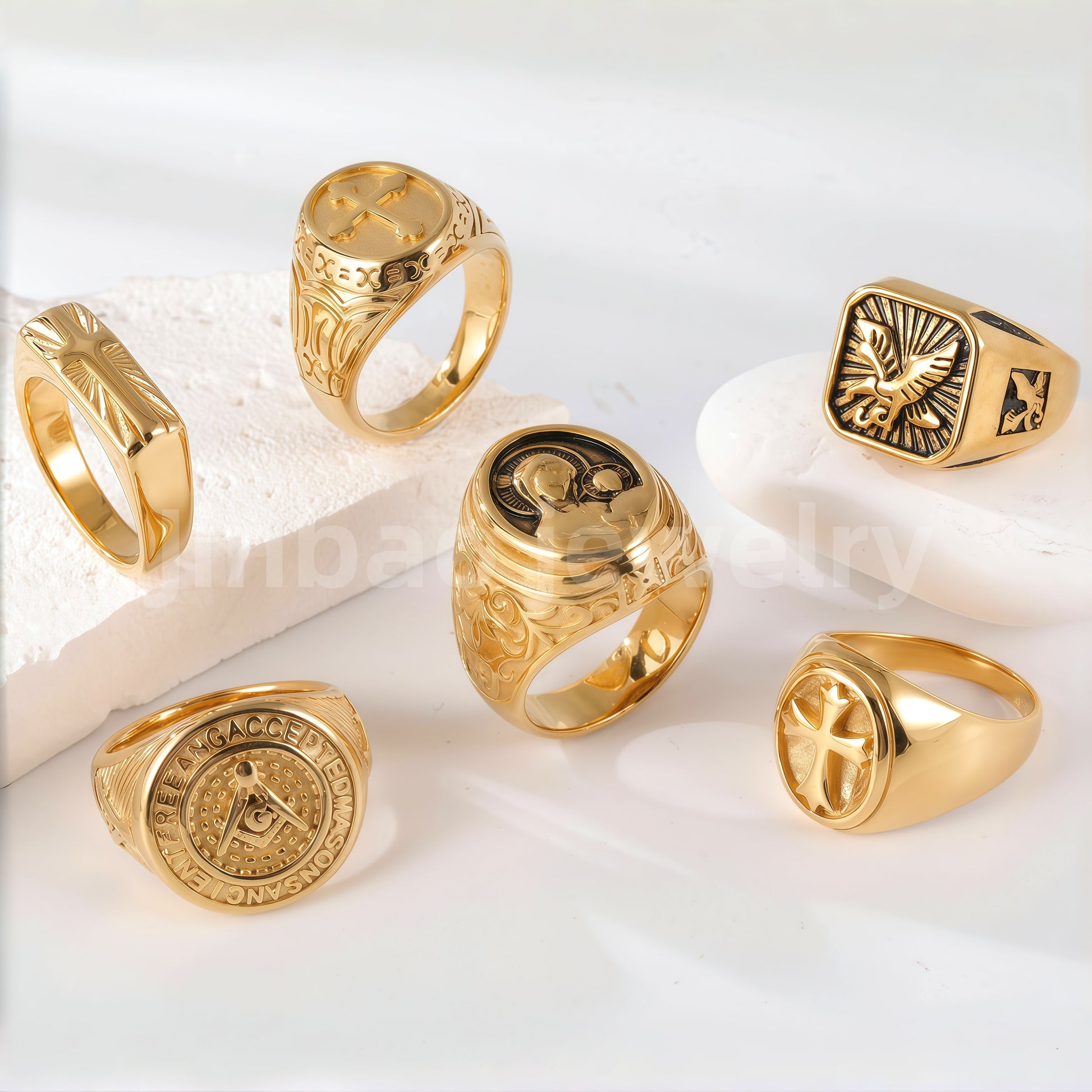 24K Gold PVD Stainless Steel Titanium Signet Men's Ring