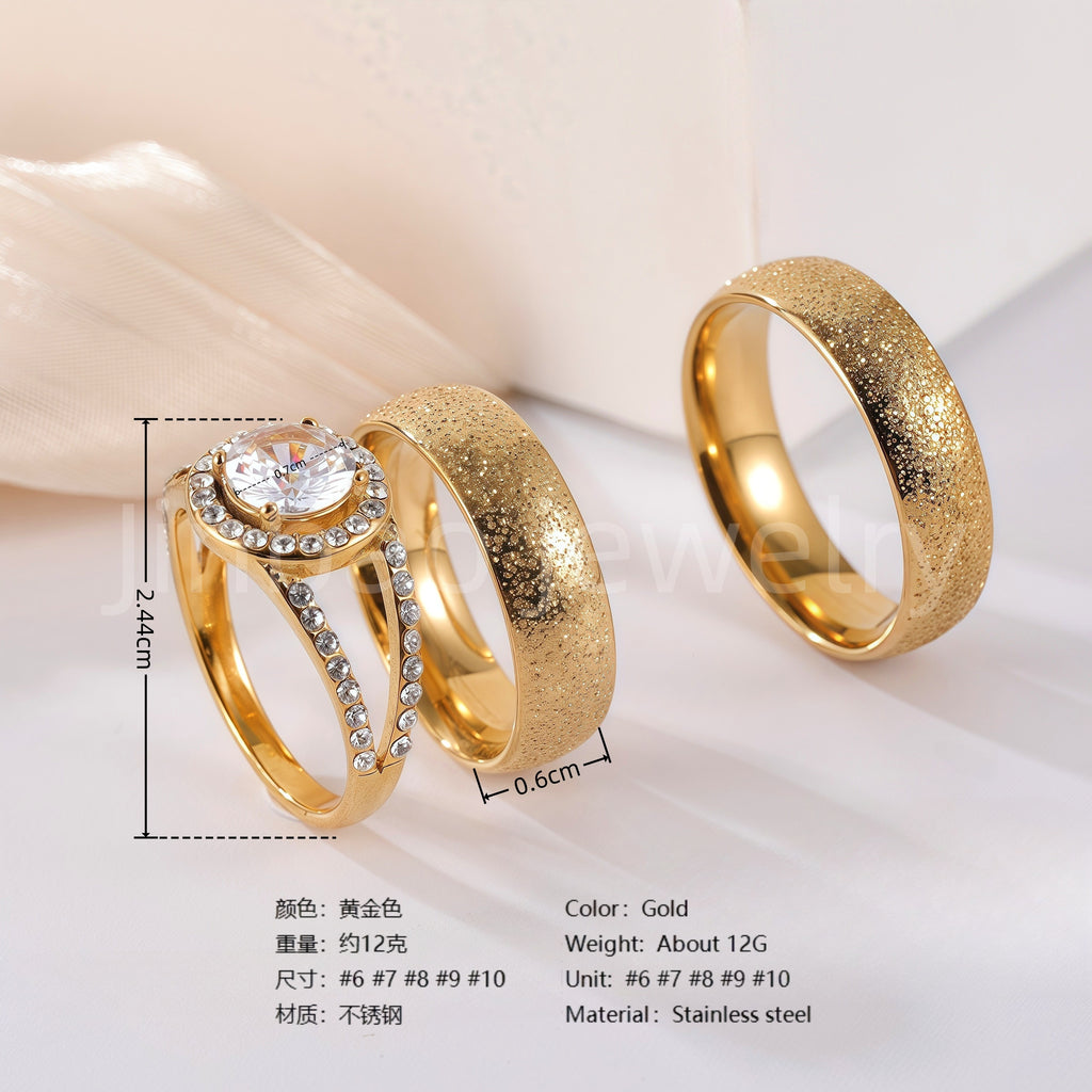 3 pc His & Her Eternal Sparkle Wedding Ring Set Hypoallergenic 24k Gold, Cubic Zirconia, Size 6-10