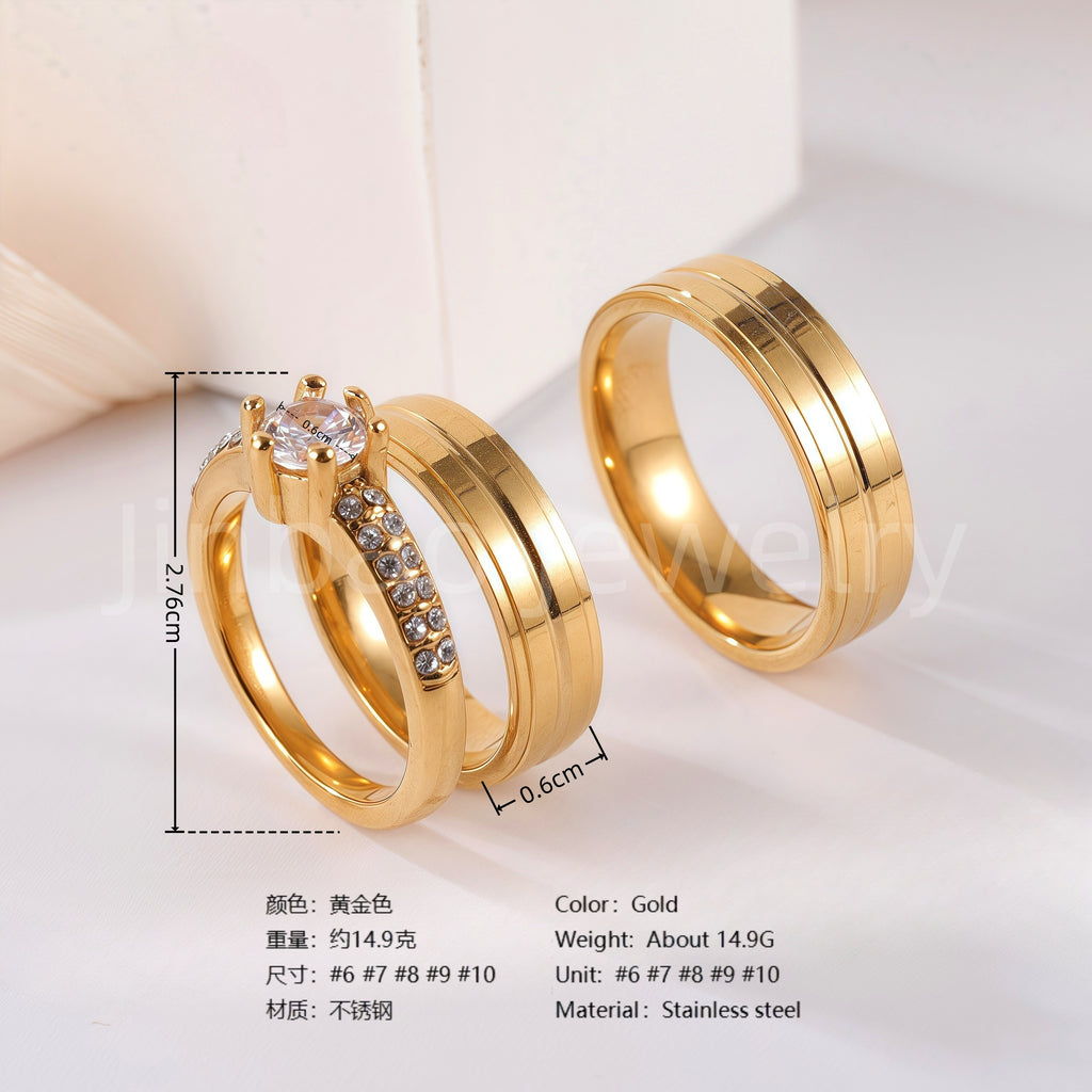 3 pc His & Her Eternal Sparkle Wedding Ring Set Hypoallergenic 24k Gold, Cubic Zirconia, Size 6-10