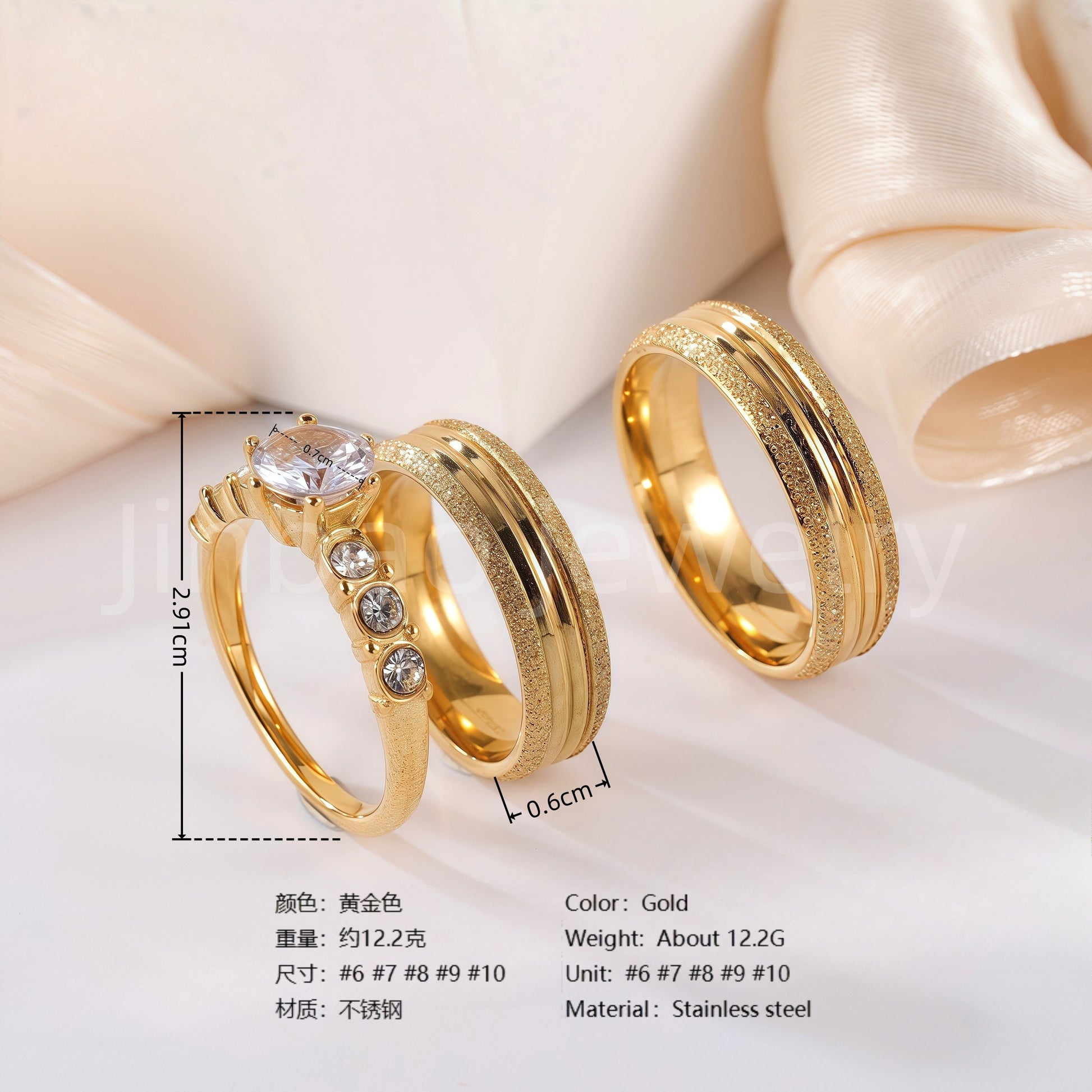 3 pc His & Her Eternal Sparkle Wedding Ring Set Hypoallergenic 24k Gold, Cubic Zirconia, Size 6-10
