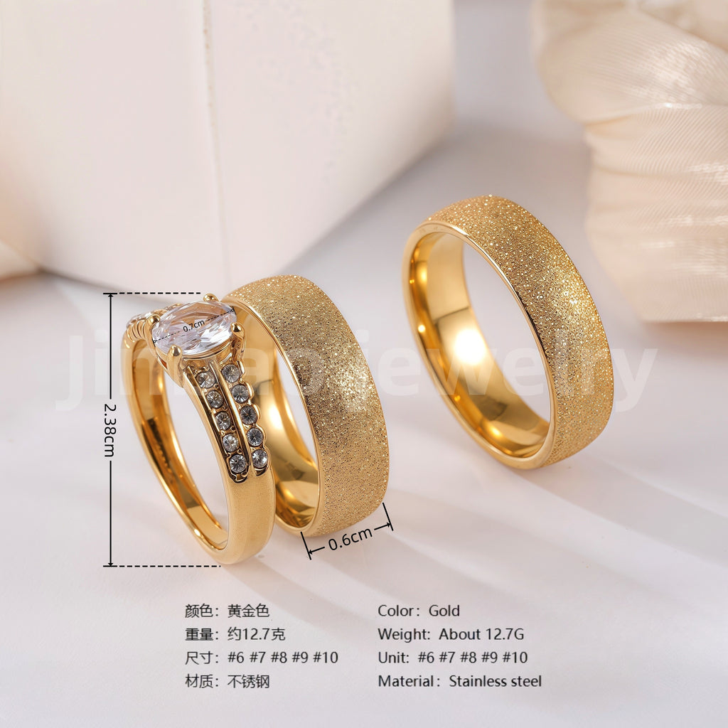 24k Gold-Plating 3 pc His & Her Wedding Ring Set Hypoallergenic, Cubic Zirconia Ring