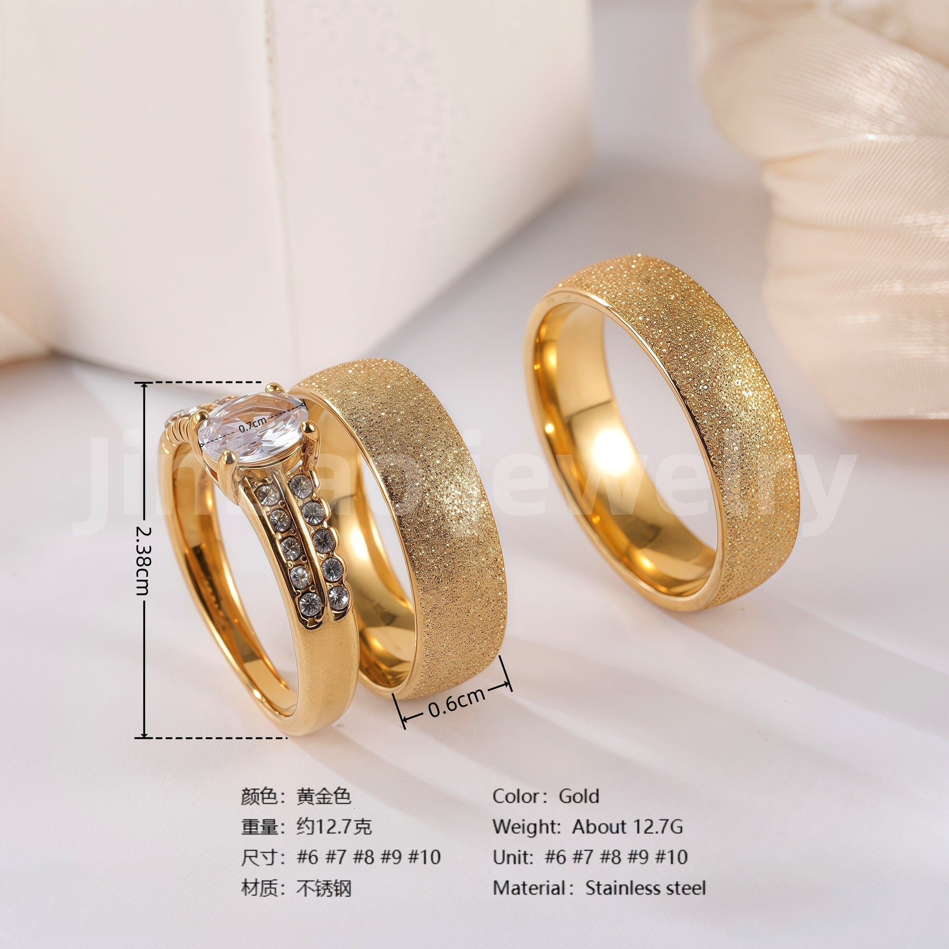 24k Gold-Plating 3 pc His & Her Wedding Ring Set Hypoallergenic, Cubic Zirconia Ring
