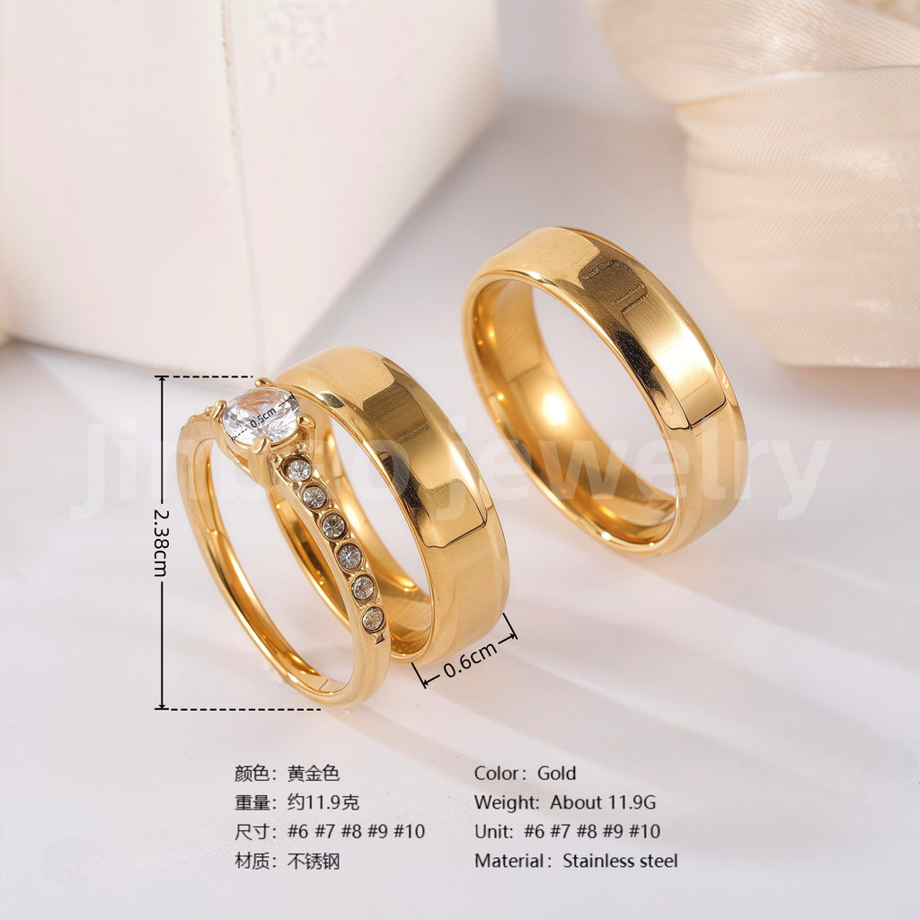 24k Gold-Plating 3 pc His & Her Wedding Ring Set Hypoallergenic, Cubic Zirconia Ring